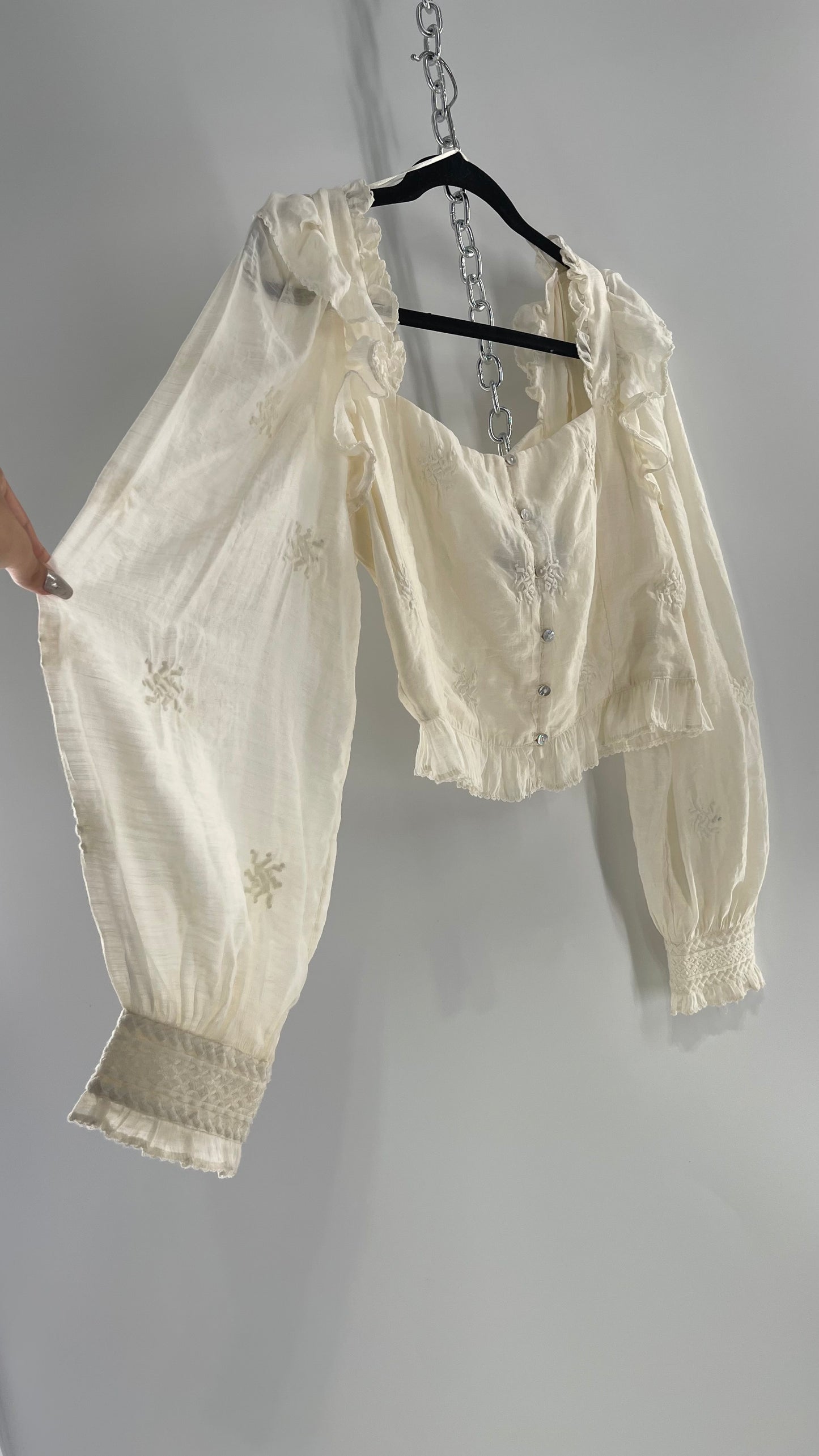 Free People White Cotton Bubble Sleeve Blouse with Embroidered Details (Medium)