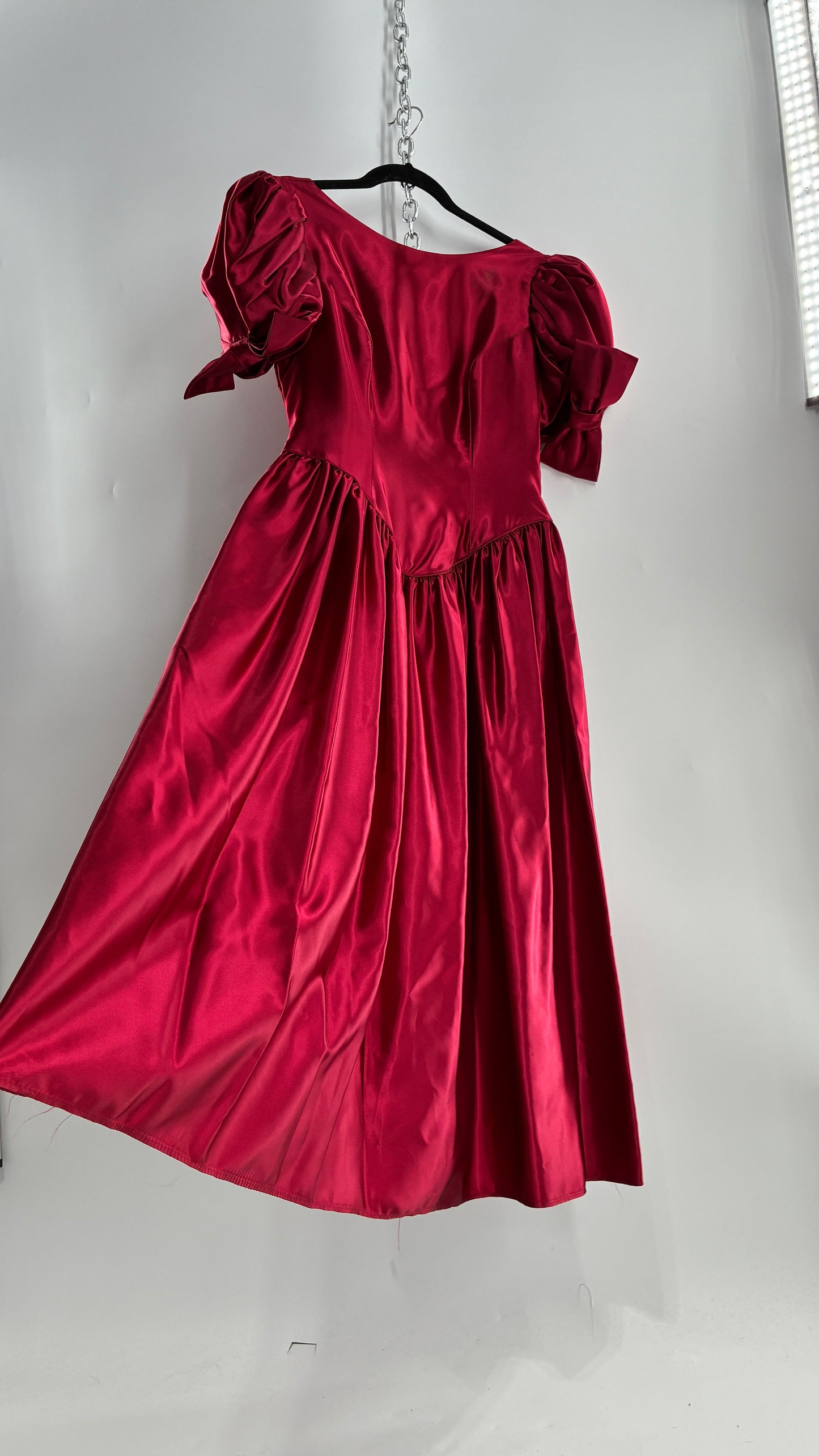 Vintage Red Silky Satin Corset Style Dress with Sweetheart Neckline, Puff Sleeves, Oversized Bow Bum, Open Back and Draping Pearls (10P)