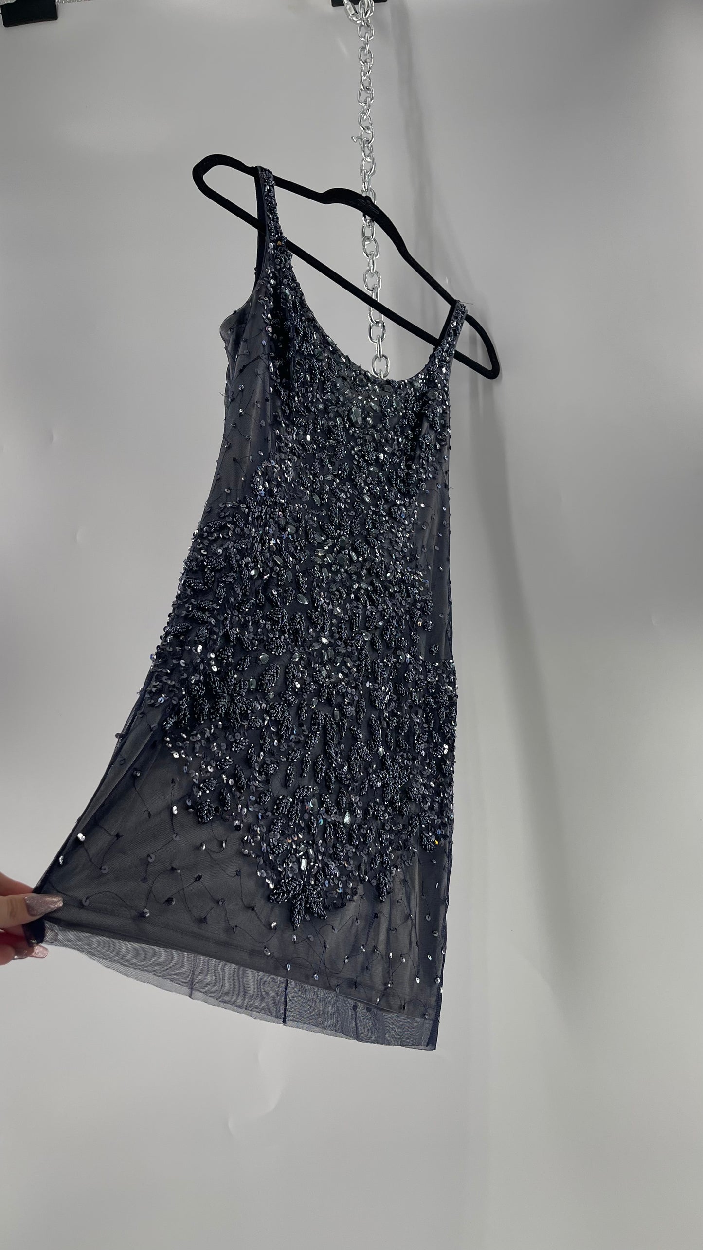 Vintage Cache Moonlight Grey/Navy Blue Tunic Mini Dress with Accentuating Placement of Beads, Sequins and Embroidery Details (2)