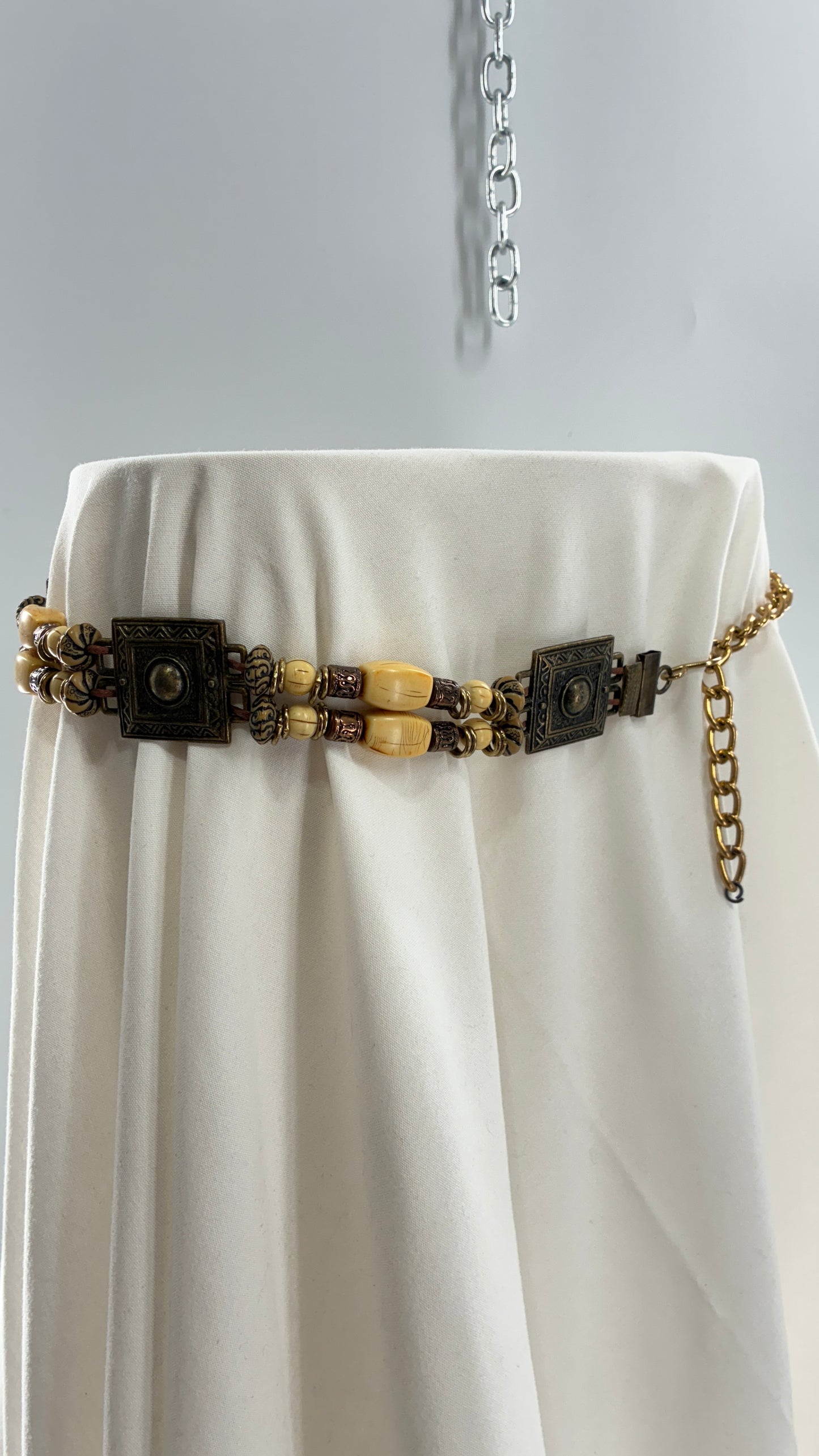 Vintage Beaded Chain Belt with Metal Square Medallions
