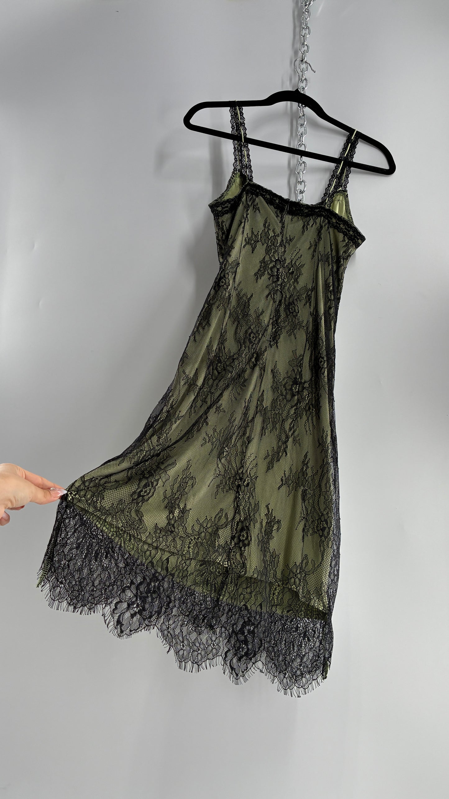 CIDER Green Midi Dress with Black Overlay Lace (Large)