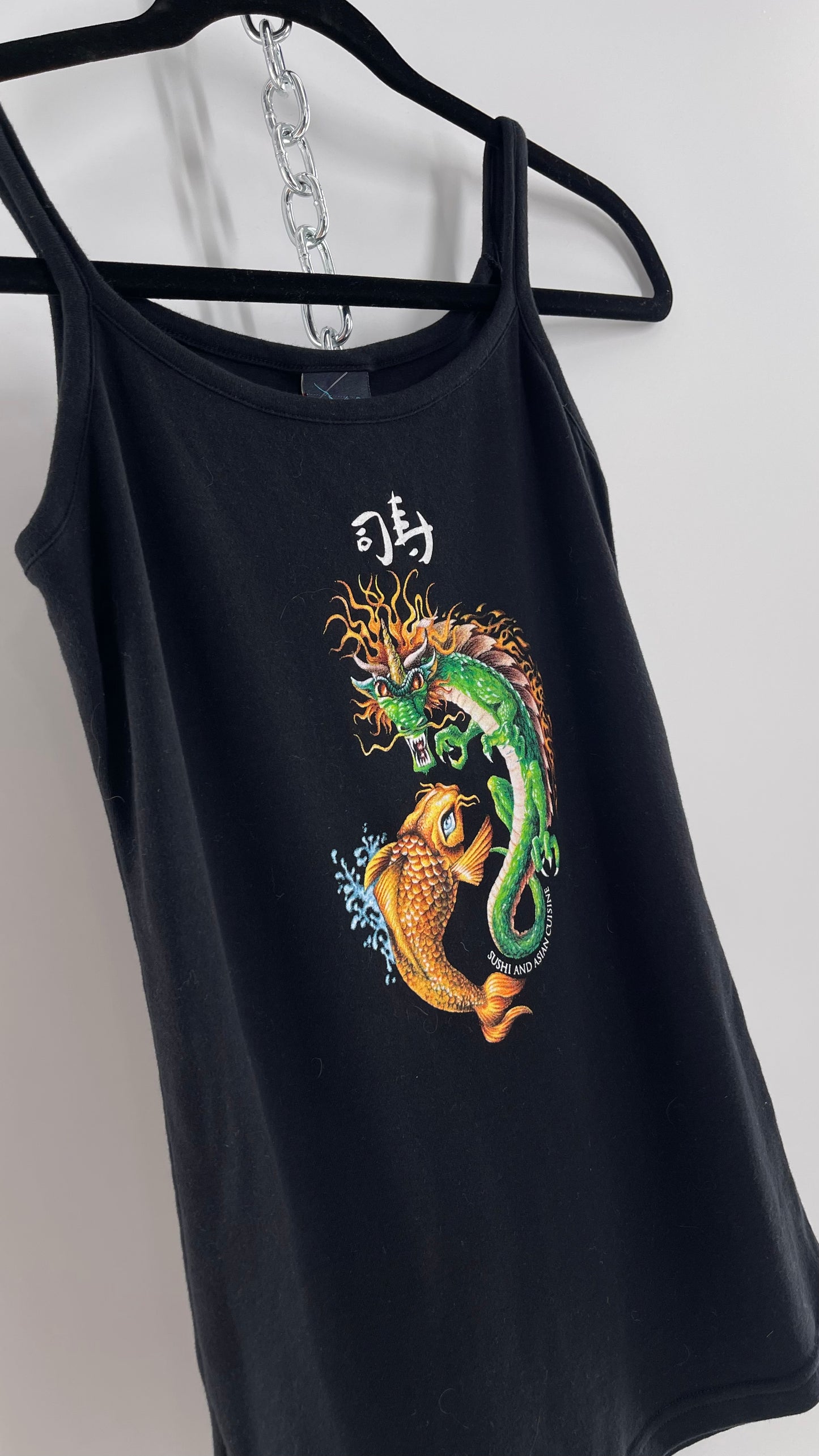 Vintage 90s The Hook Up Black Tank with Dragon and Koi Graphic (Medium)