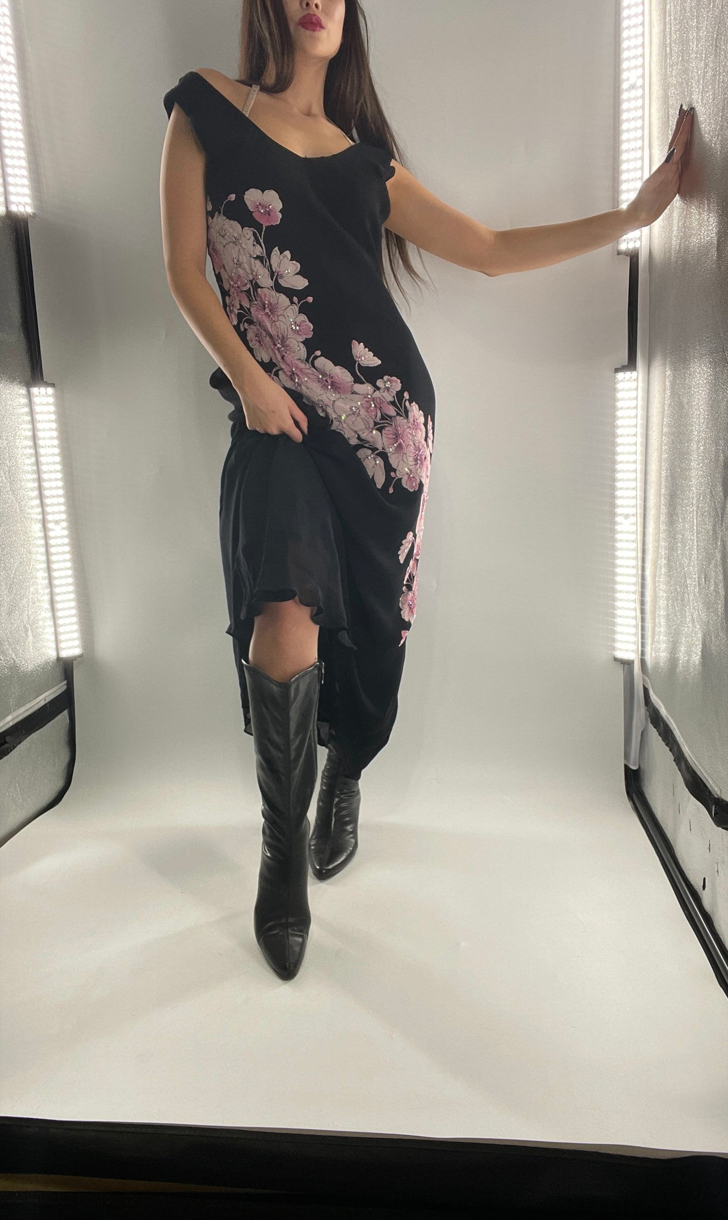 Vintage Dress Barn Black Slinky Maxi Dress with Pink Floral Graphic and Sequins (L)