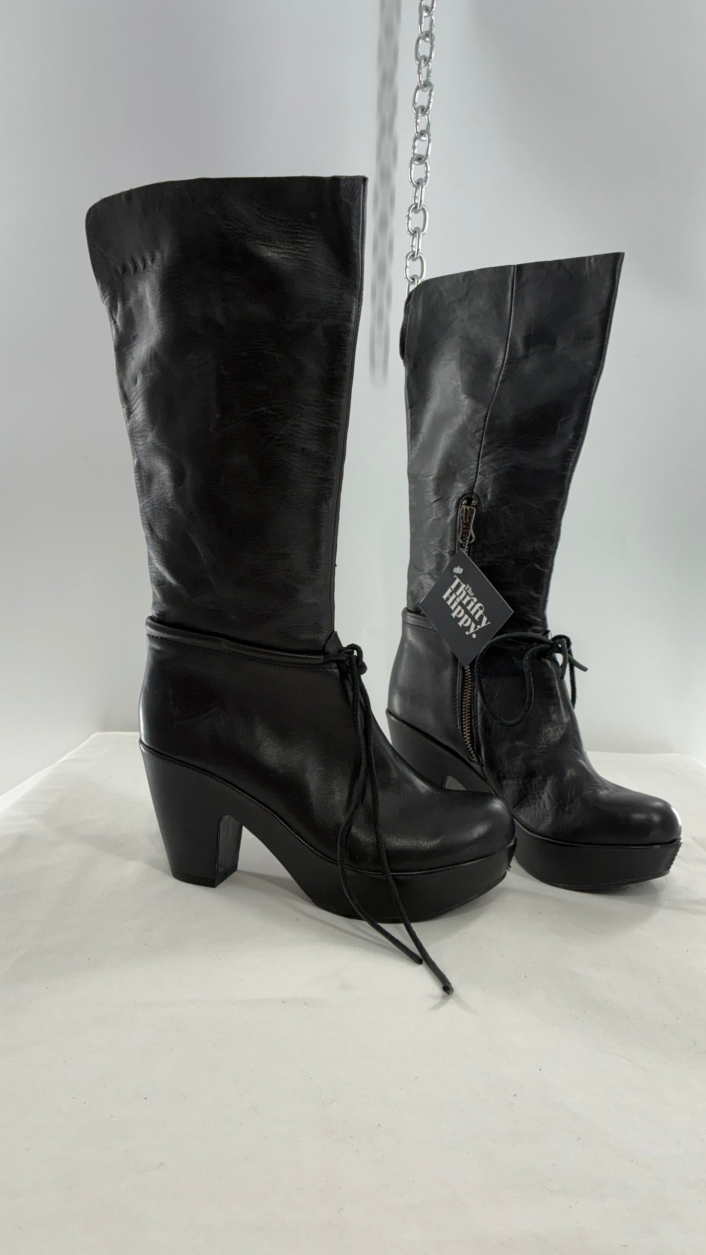 Vintage KORK EASE Black Genuine Leather Platform Clog, Knee High Boots (8/39)