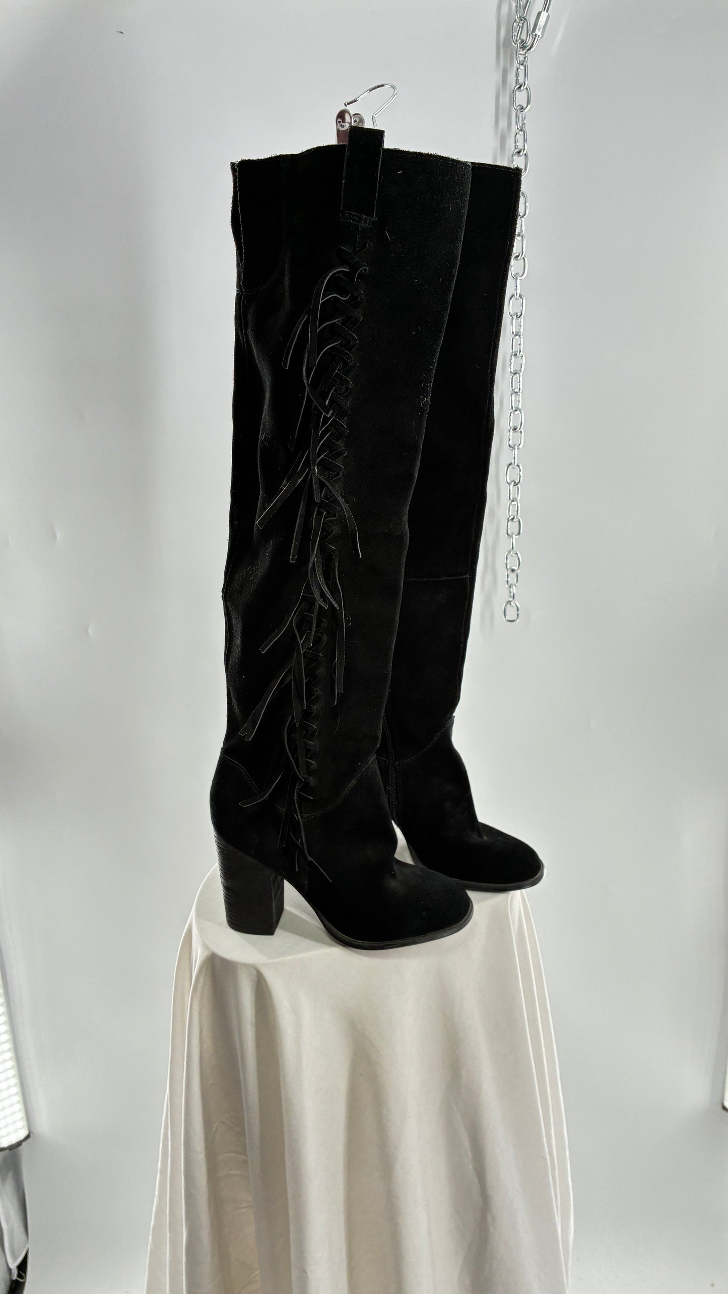 Vintage CARLOS SANTANA Genuine Suede Leather Thigh High Tassel, Fringe Side Boots (7.5)