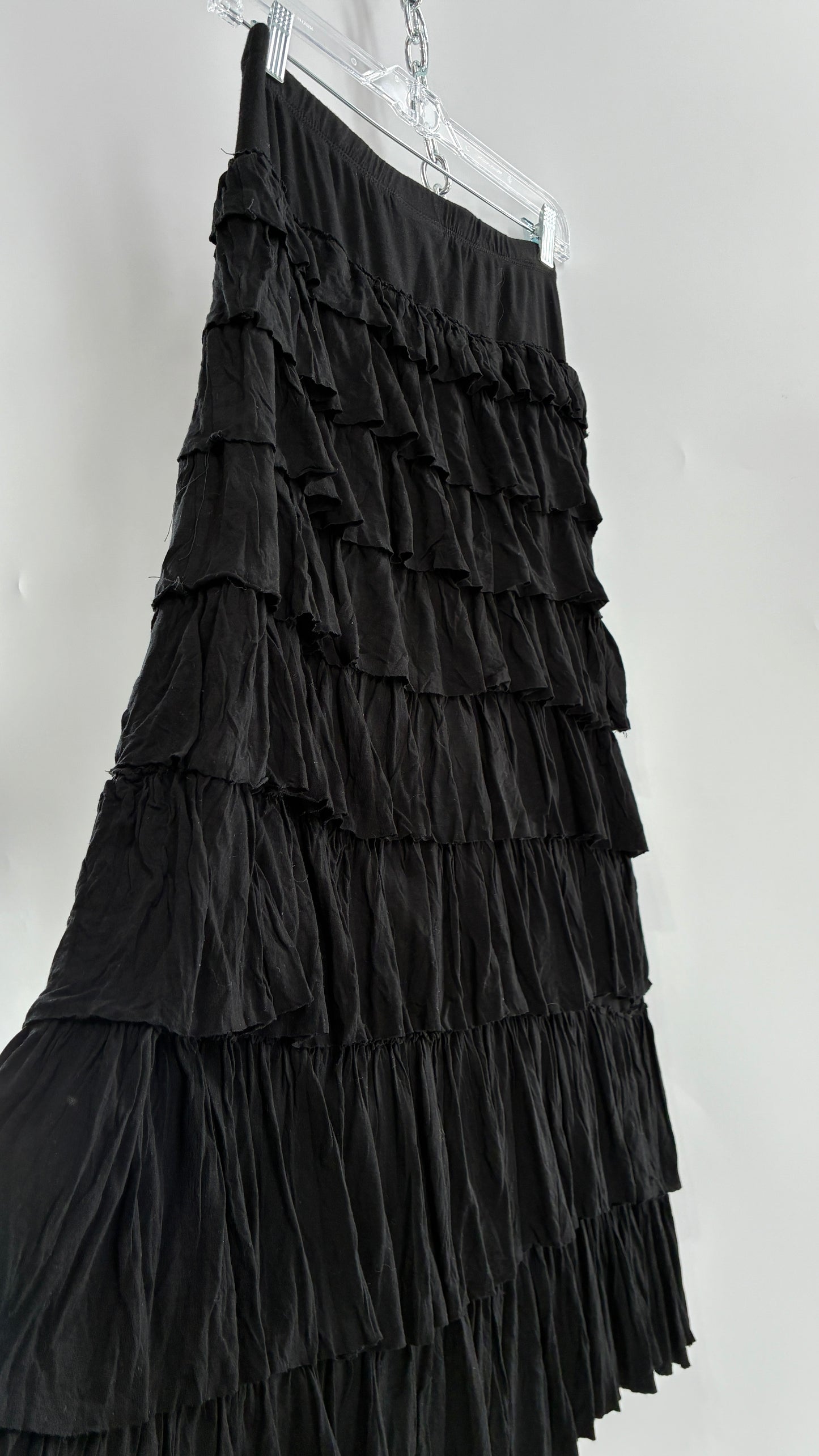 Vintage Black Ruffled 100% Viscose Ruffled Maxi Skirt (PSmall)