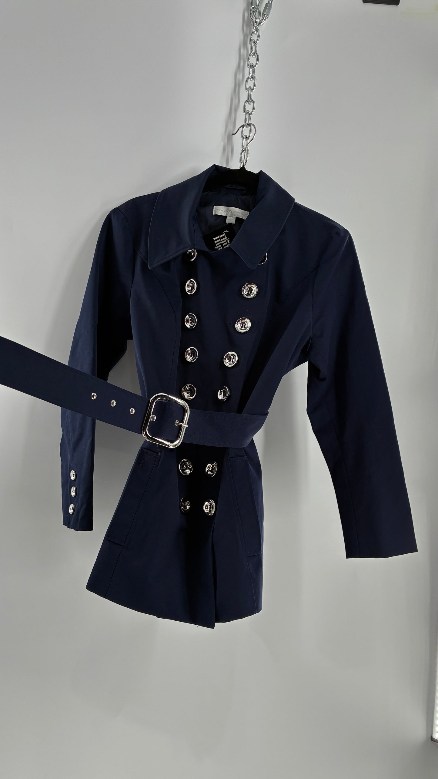 New York & Company Deep Navy Coat with Double Breasted Silver Buttons and Oversized Silver Buckle (Large)