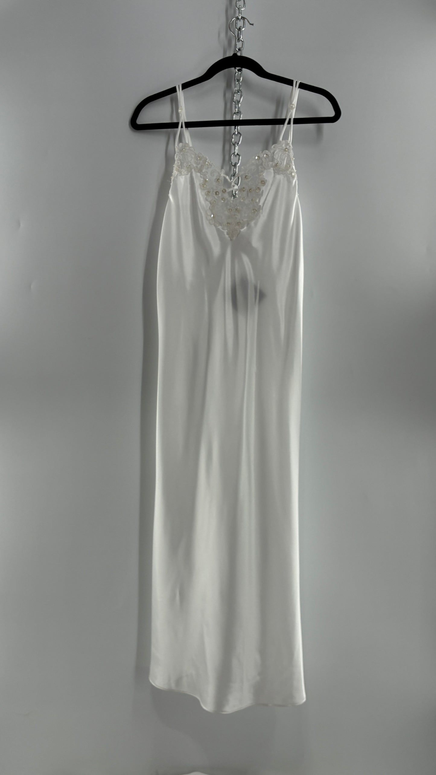 Vintage California Dynasty White Glossy, Silky Night Gown Style Dress with Sequined Lace Bustline (Small)