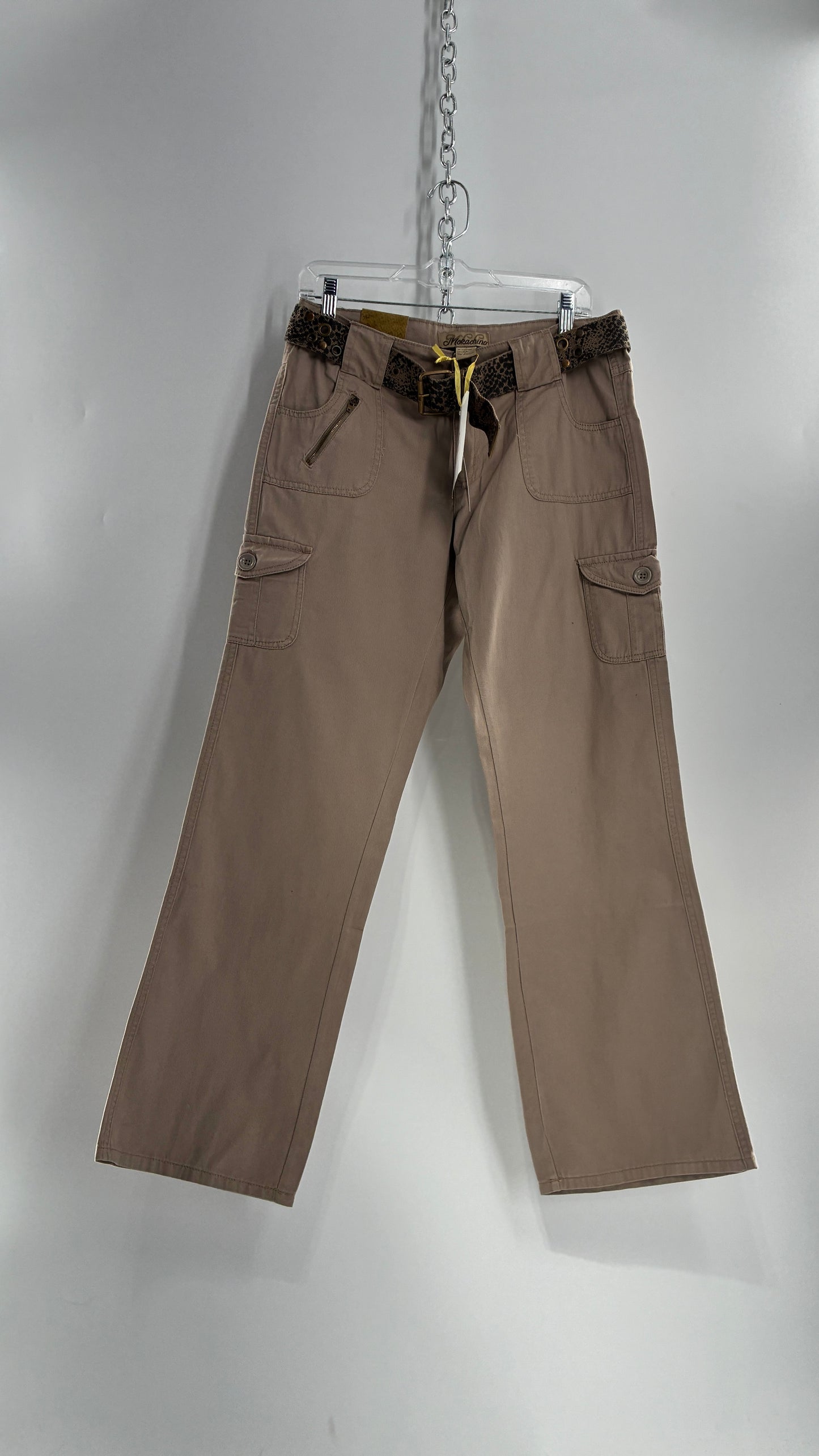 Deadstock Vintage MOKACHINO Tan Low Rise Cargos with Grommet Belt and Zipper Details (4,10)