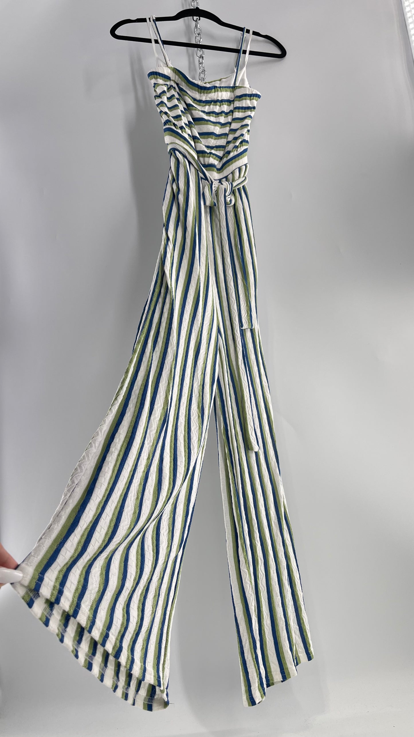 Maeve Anthropologie Woven Green/Blue/White Wide Leg Jumpsuit (Small)