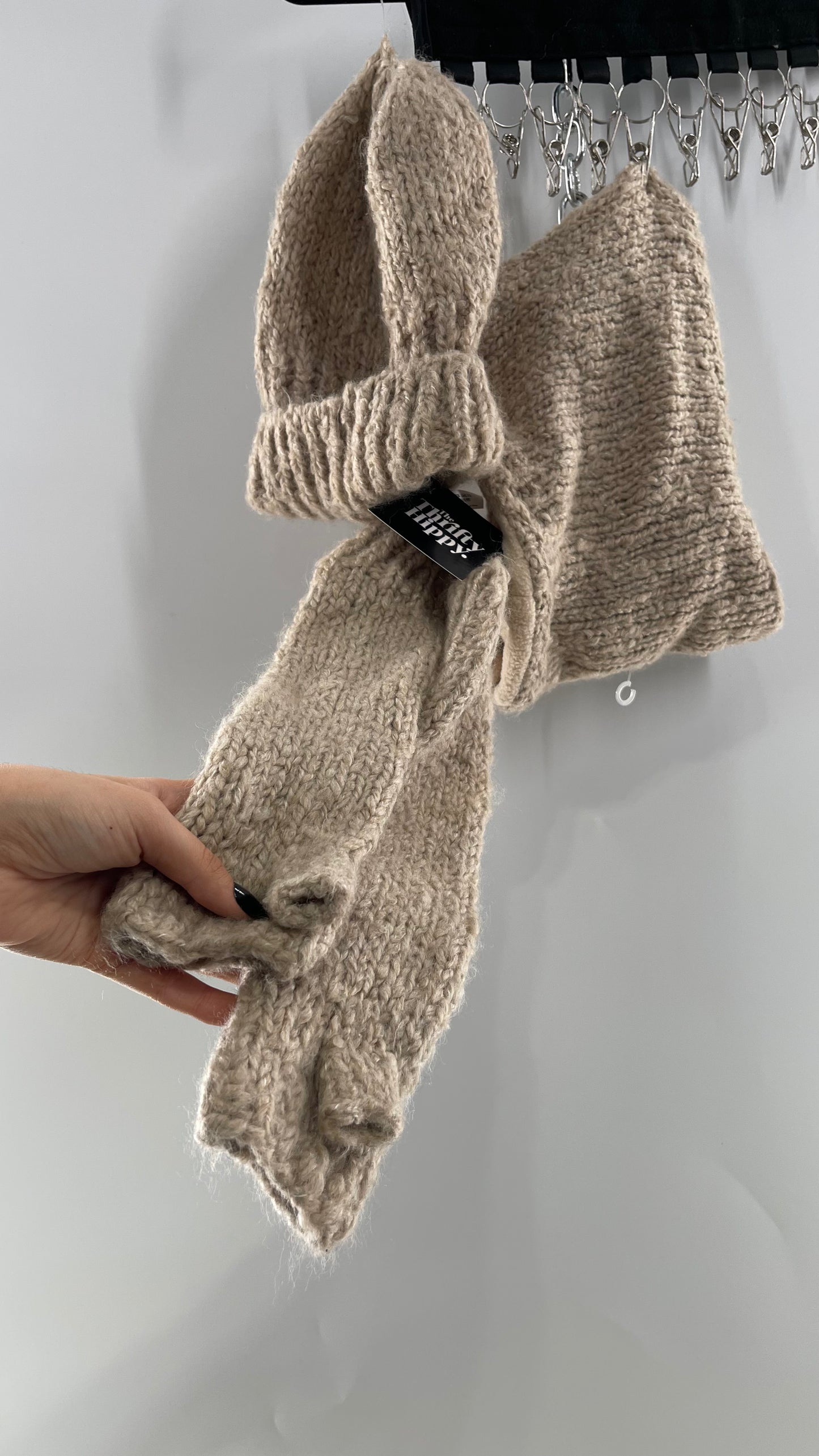 Free People Beige/Tan Knit Gloves, Hat and Scarf Set