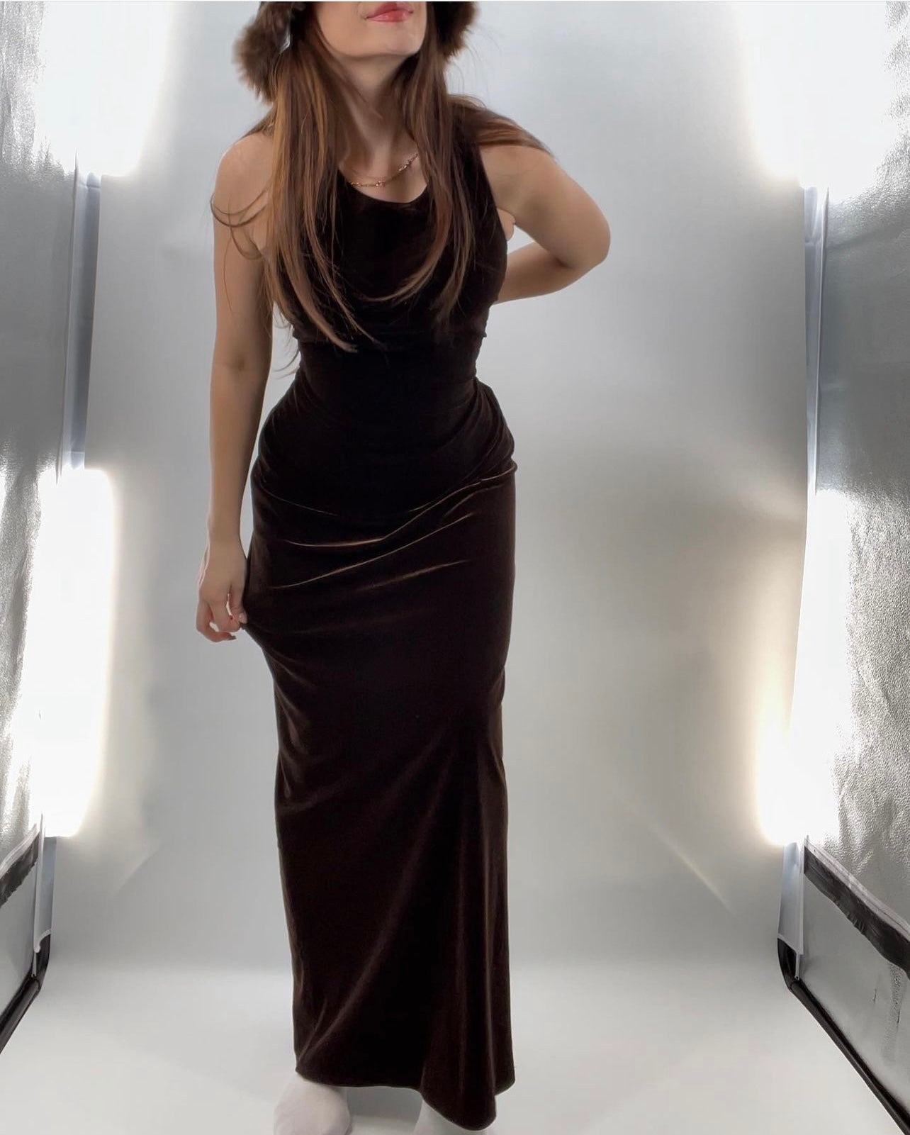 Vintage LAUNDRY Chocolate Velvet, Open Back Bodycon Maxi (Medium)