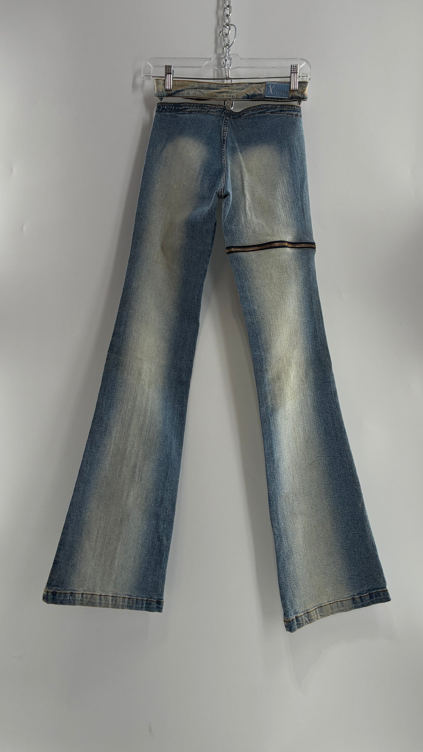 Vintage XCESO JEANS Rare Faded Double Waistband Kickflare Jeans with Functional Zipper Details (Medium*)