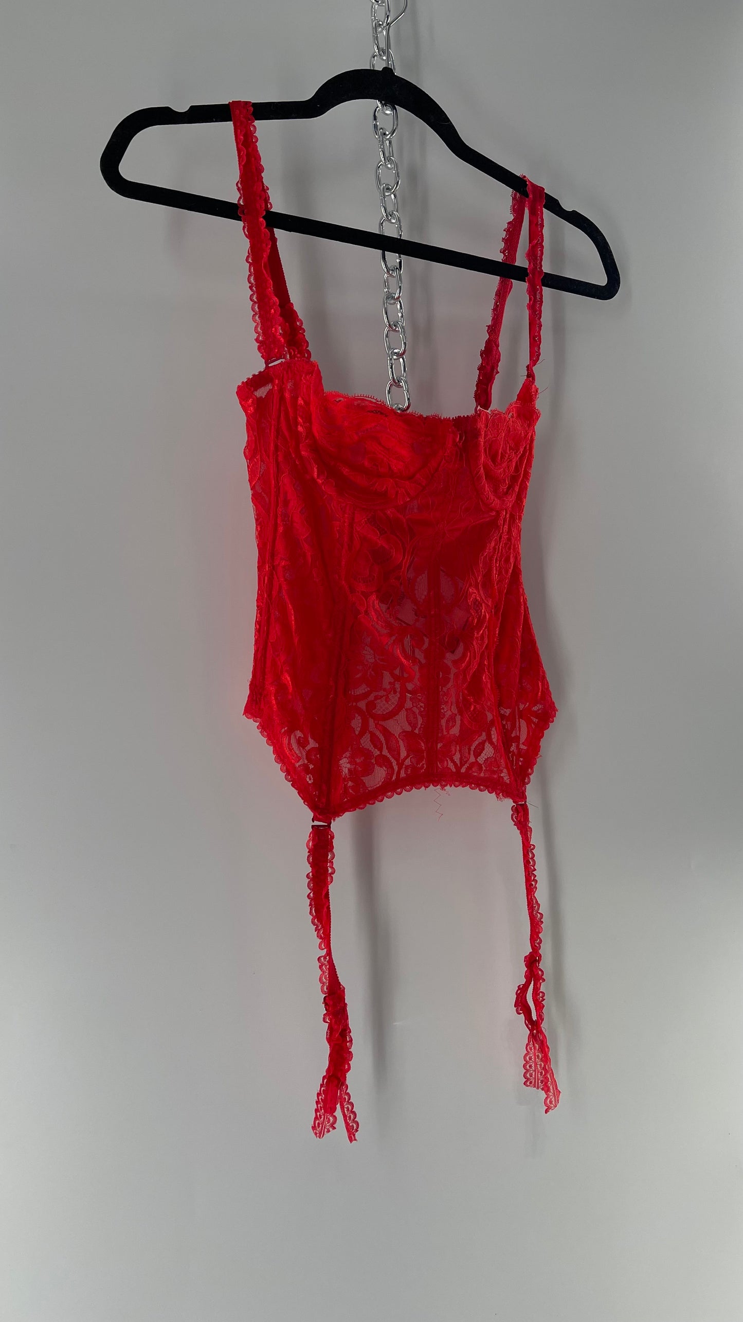 90s Vintage Red Lace Corset with Ruffled Sleeves and Removable Garter Straps (32B)