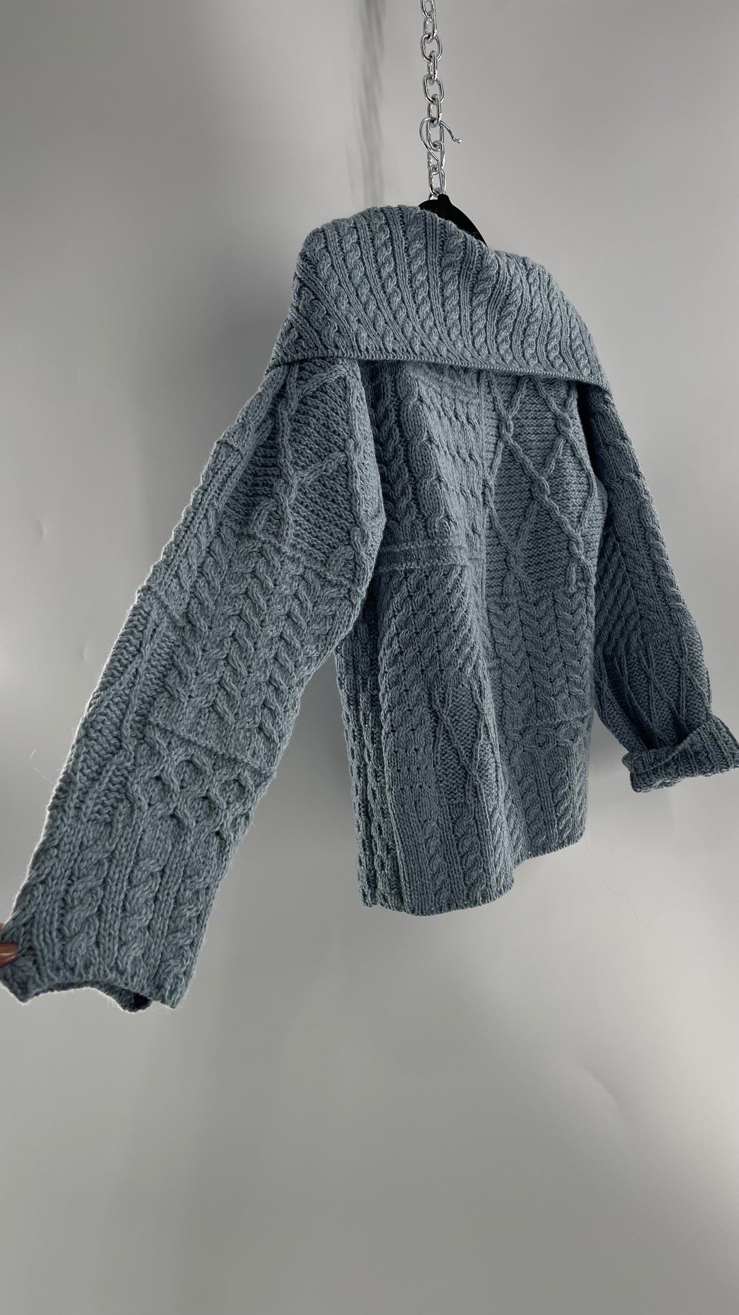 Authentic Irish Aran Sweater Market Slate Blue Aran Stitch Sweater with Oversized Wooden Button Detail and Certificate of Authenticity (Small)
