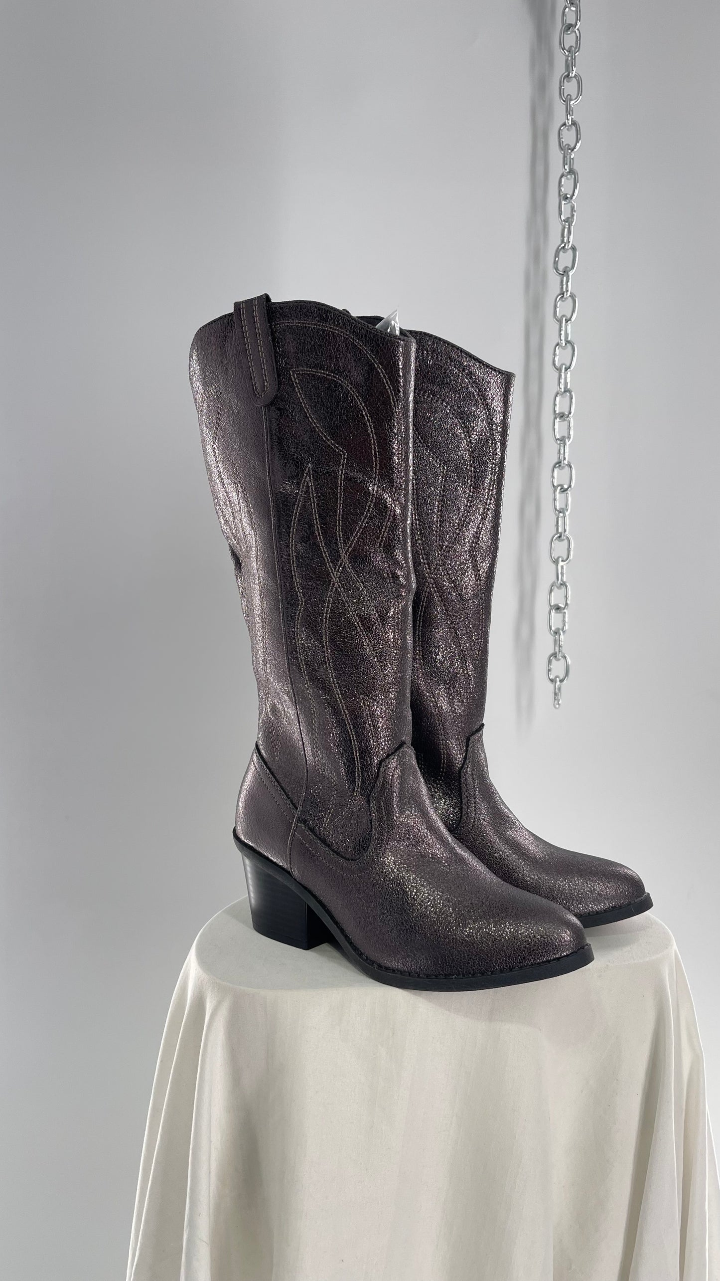 Vintage POP Metallic Silver Knee High Cowgirl Boots with Pointed Toe (6)