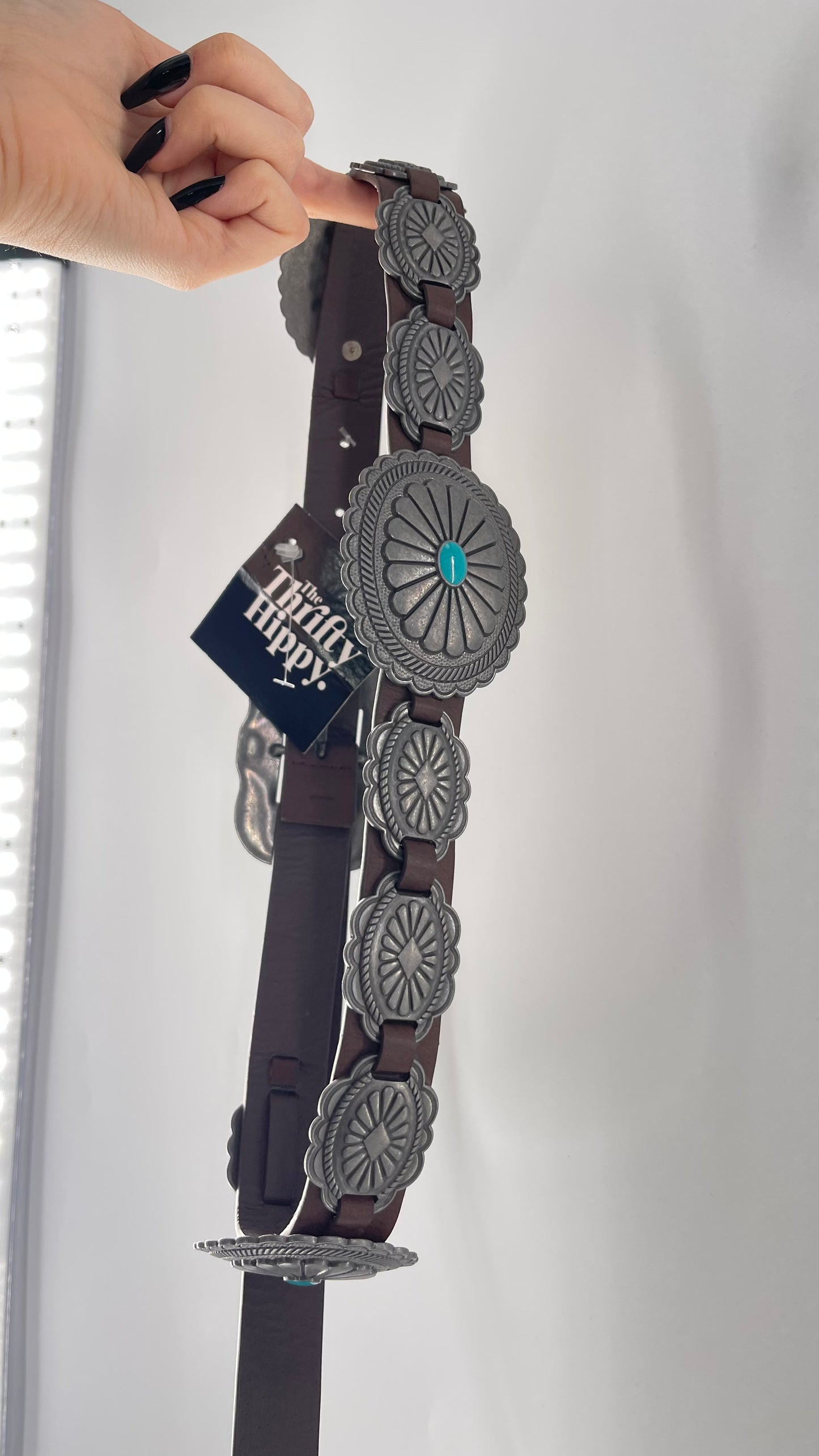 Free People Brown Leather Belt with Heavy Duty Metal Engraved (Small)