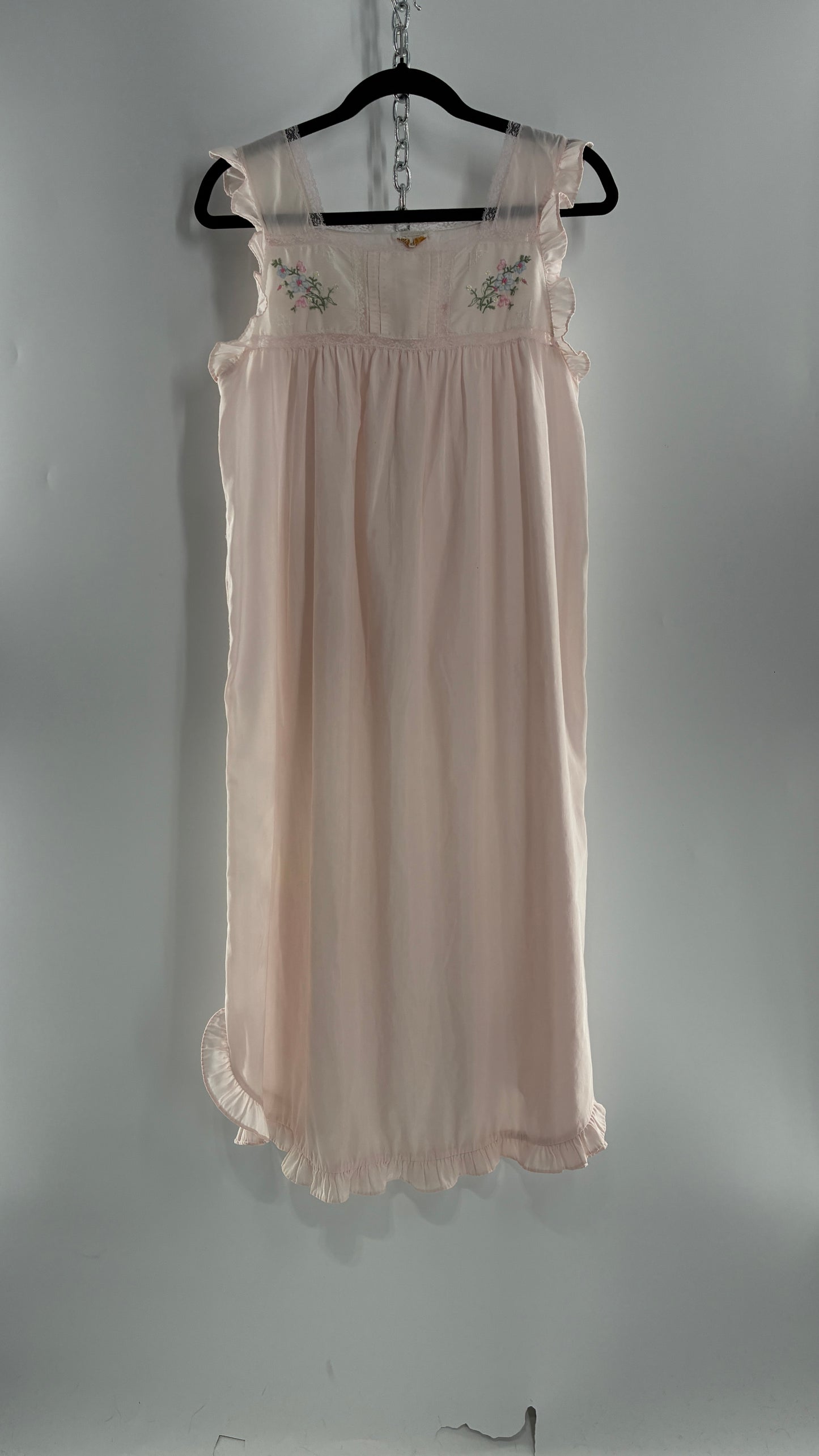 Vintage Barbarie Baby Pink Nightgown Style Dress with Embroidered Florals and Ruffled Straps