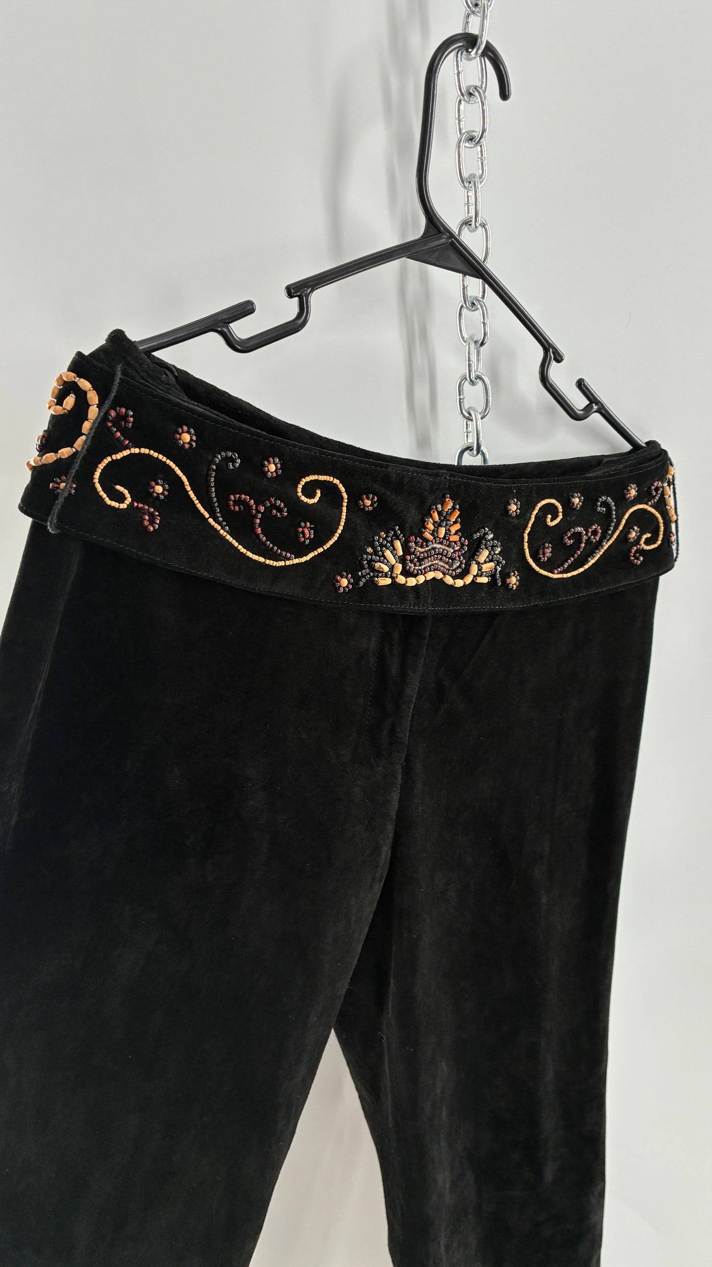 Vintage Margaret Godfrey Black Genuine Suede Leather Kick Flares with Wide Beaded Belt (10)