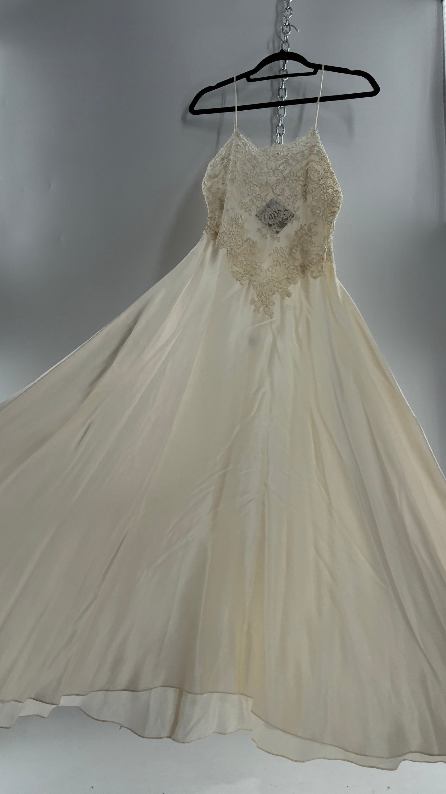 Vintage JONQUIL 100% Silk Gown with Heavy Lace Appliqués and Low Cut Sheer Back (Medium)