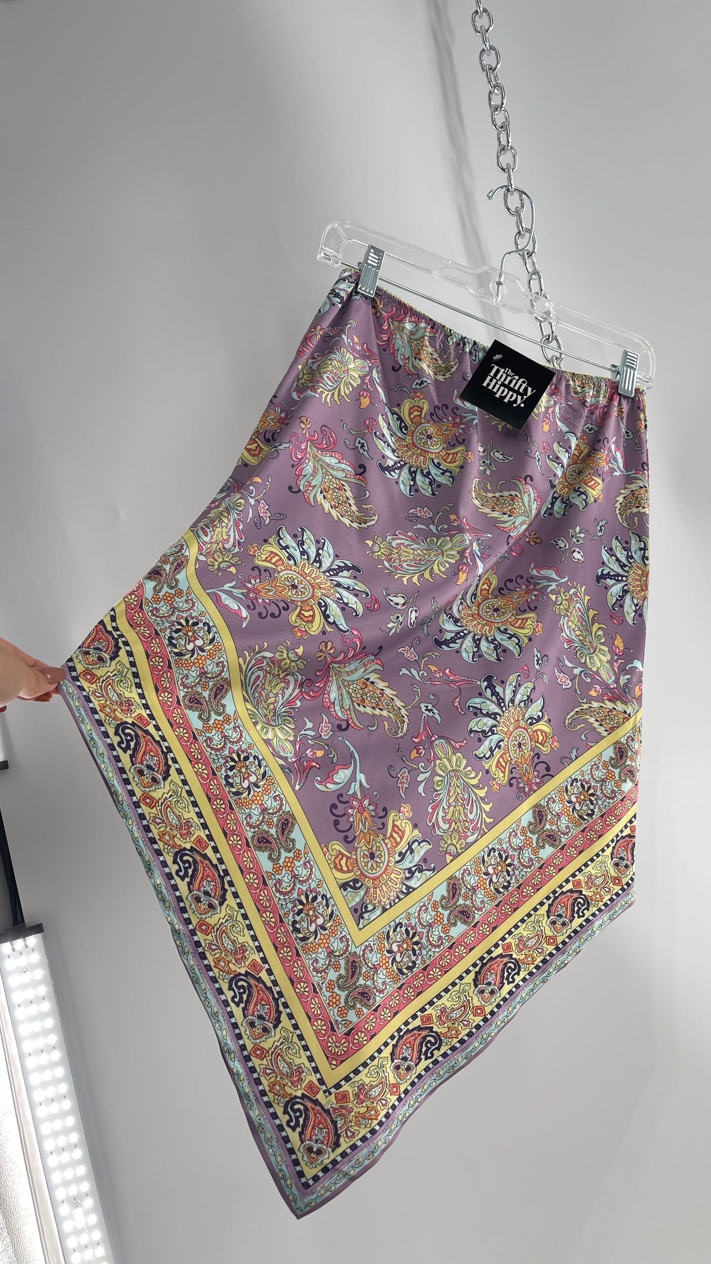 Urban Outfitters Lavender Satin Paisley Handkerchief Hem Skirt with Light Green Ribbon Waistline (Small)