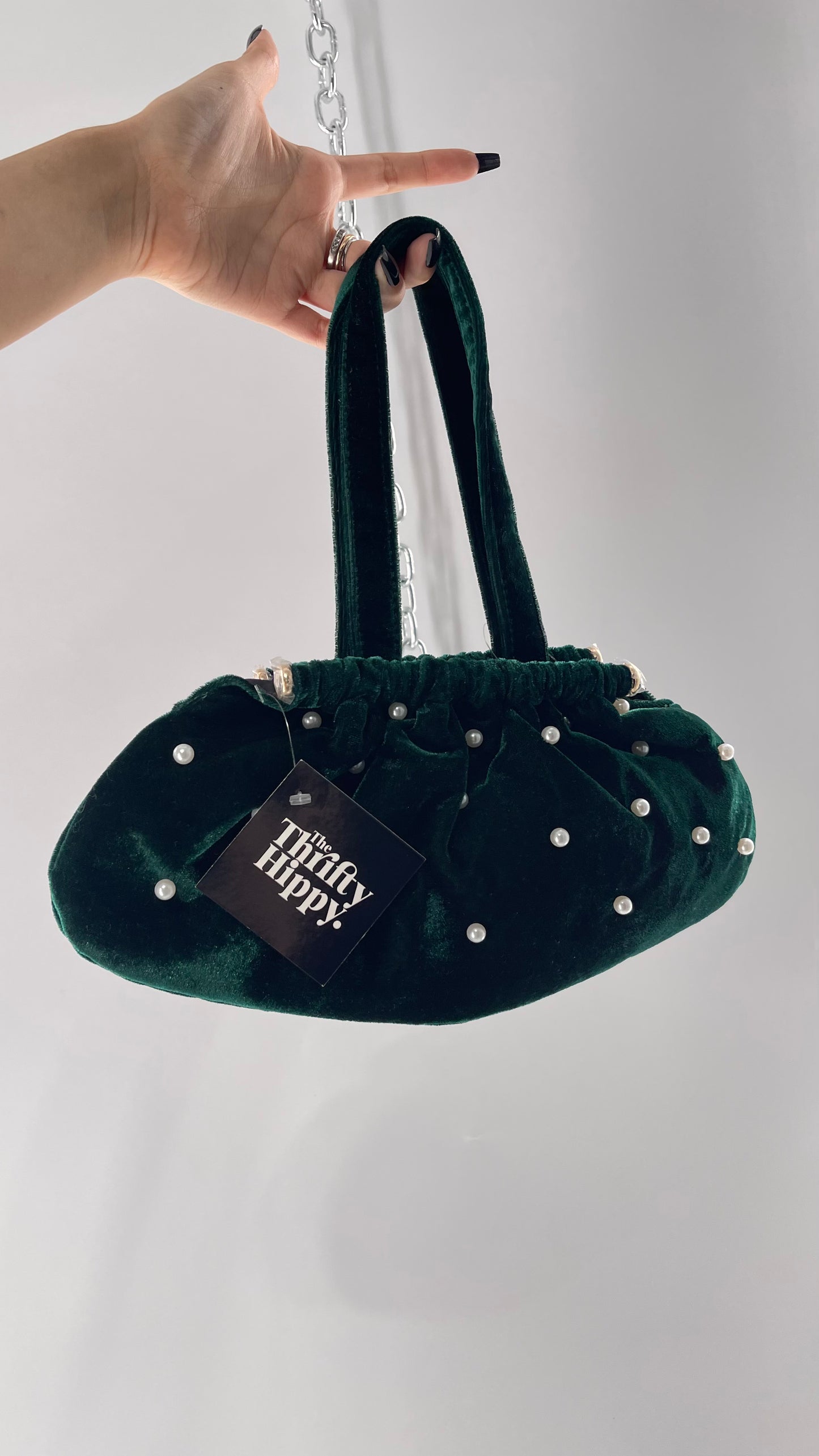Vintage Deep Green Velvet Purse Covered in Pearls, and Featuring Gold Metal Closure Still Lined in Protective Plastic