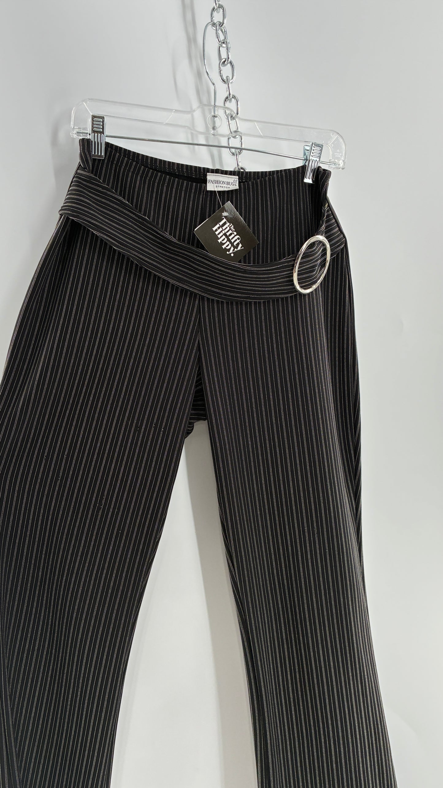Vintage FASHION BUG Low Rise Black Striped Kick Flares with Silver Buckle Belt 1990s (6)