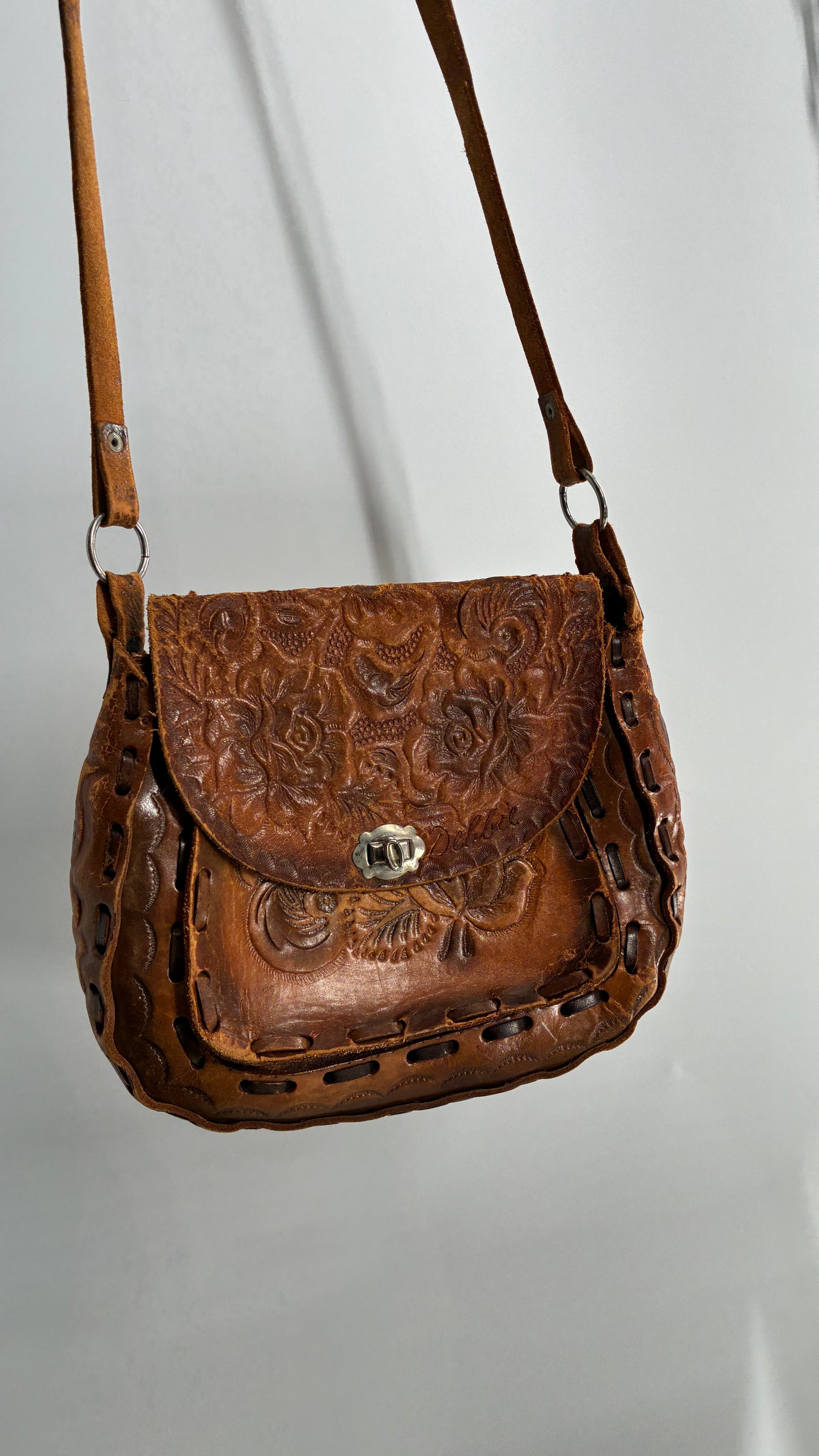 Vintage Made in Mexico Rose Embossed Leather Satchel Bag with Debbie Signature
