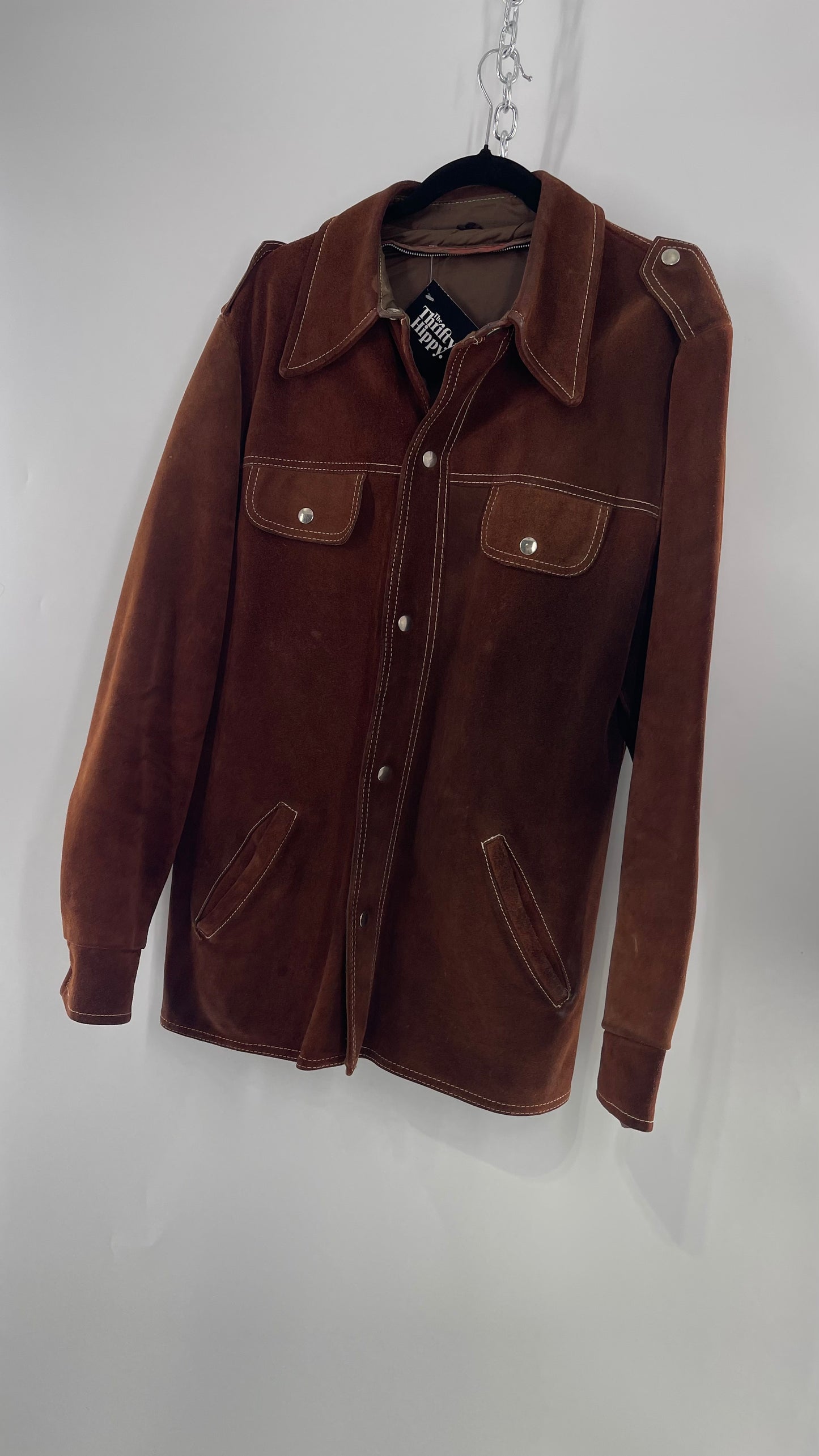Vintage Brown Suede Jacket with Contrast White Stitching (C)(Large)