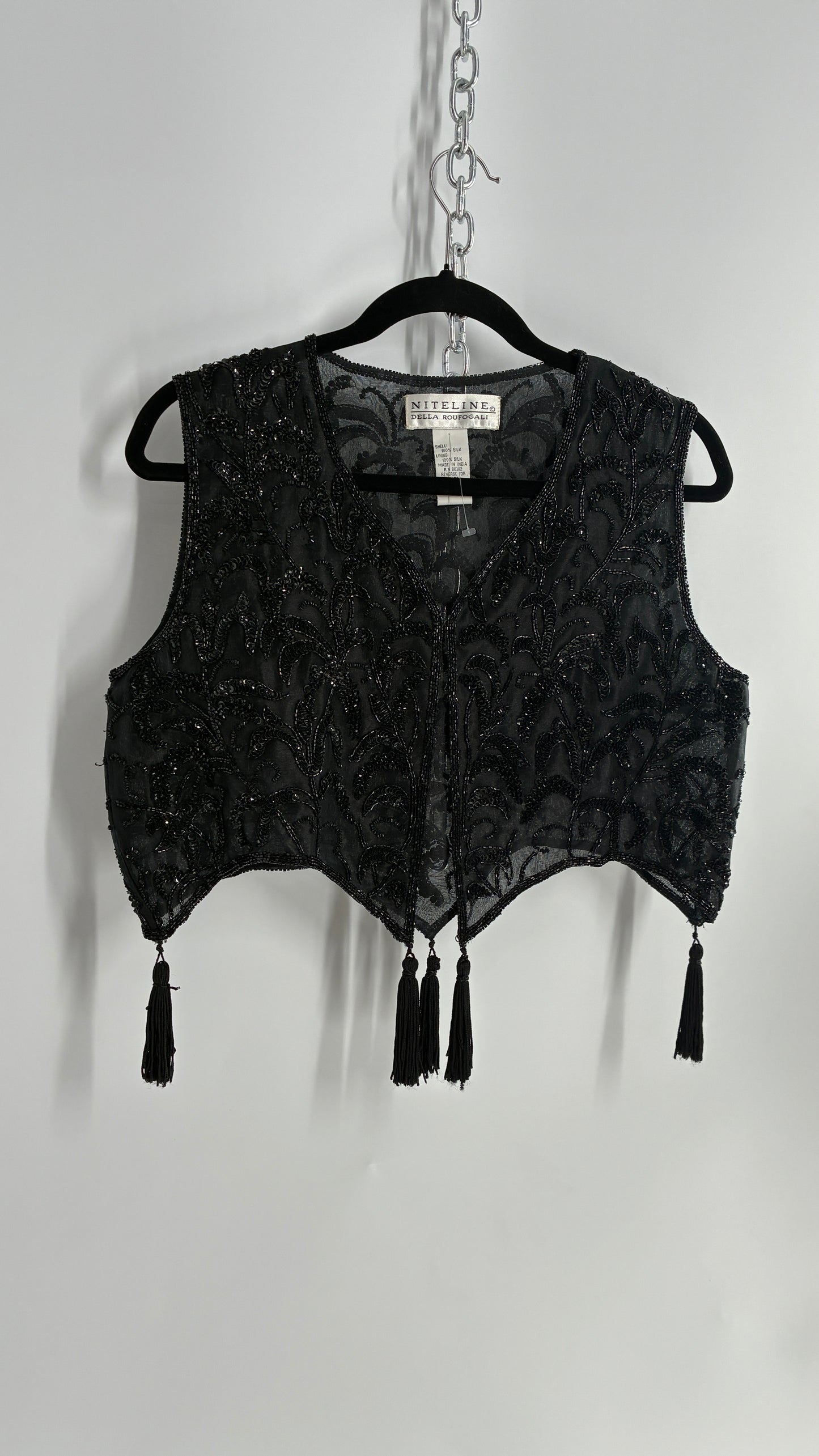 Vintage 1990s NITELINE 100% Silk Beaded Cropped Vest with Tassel Details (Medium)