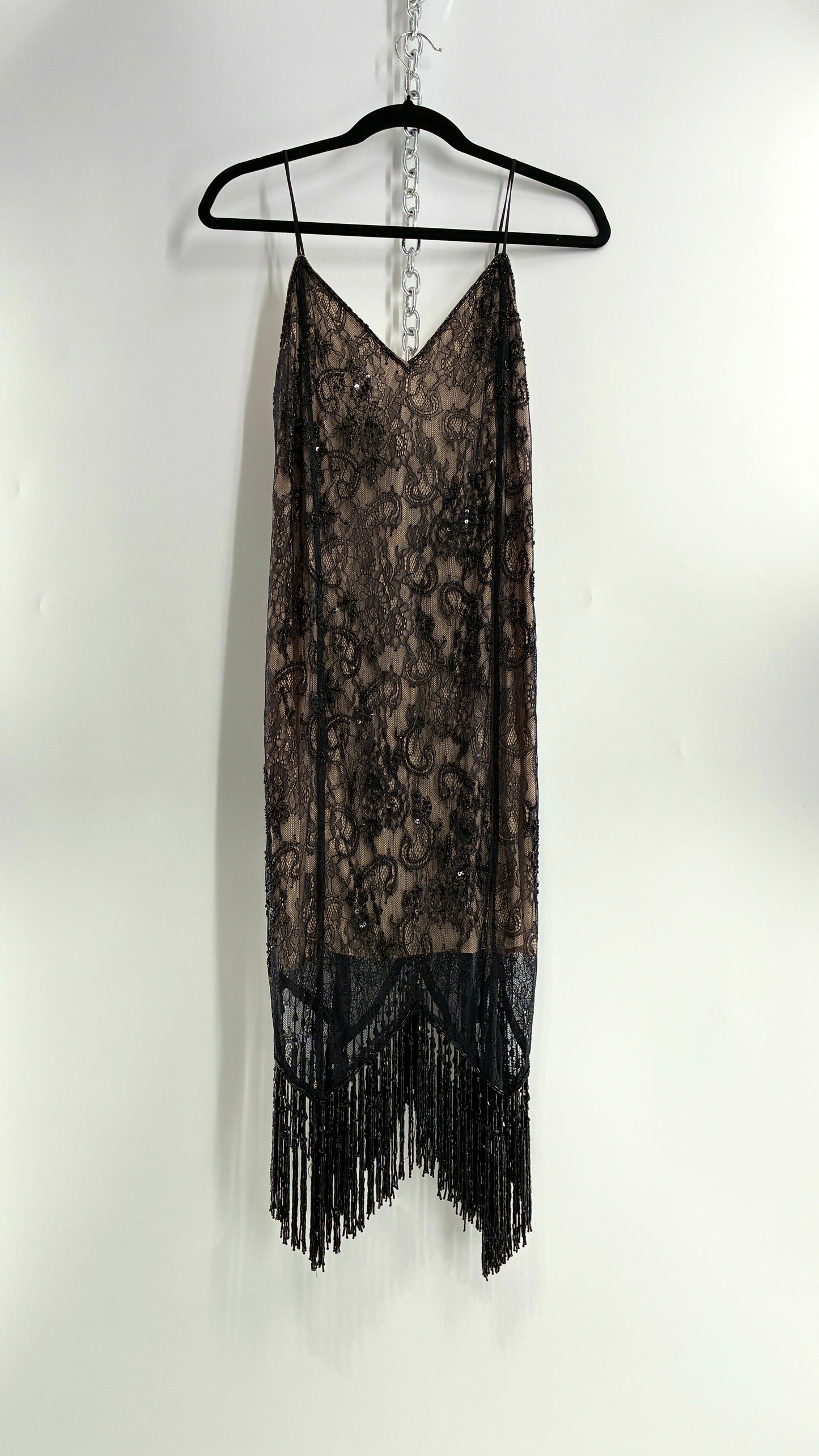 Vintage Haute Hippie Black Lace Nude Underlay Dress with Pointed Heavily Beaded Fringe Hem (2)