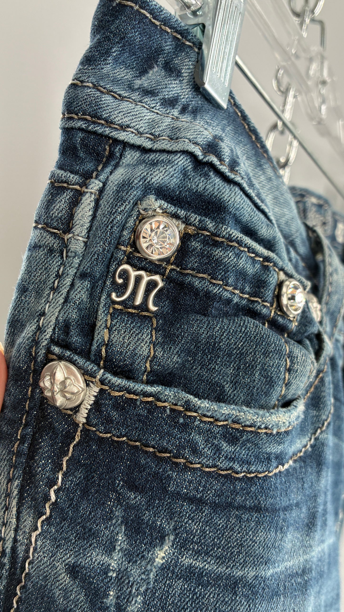 Vintage MISSME Kick Flare Jeans with Embroidered Pockets with Rhinestone Detailing (28)