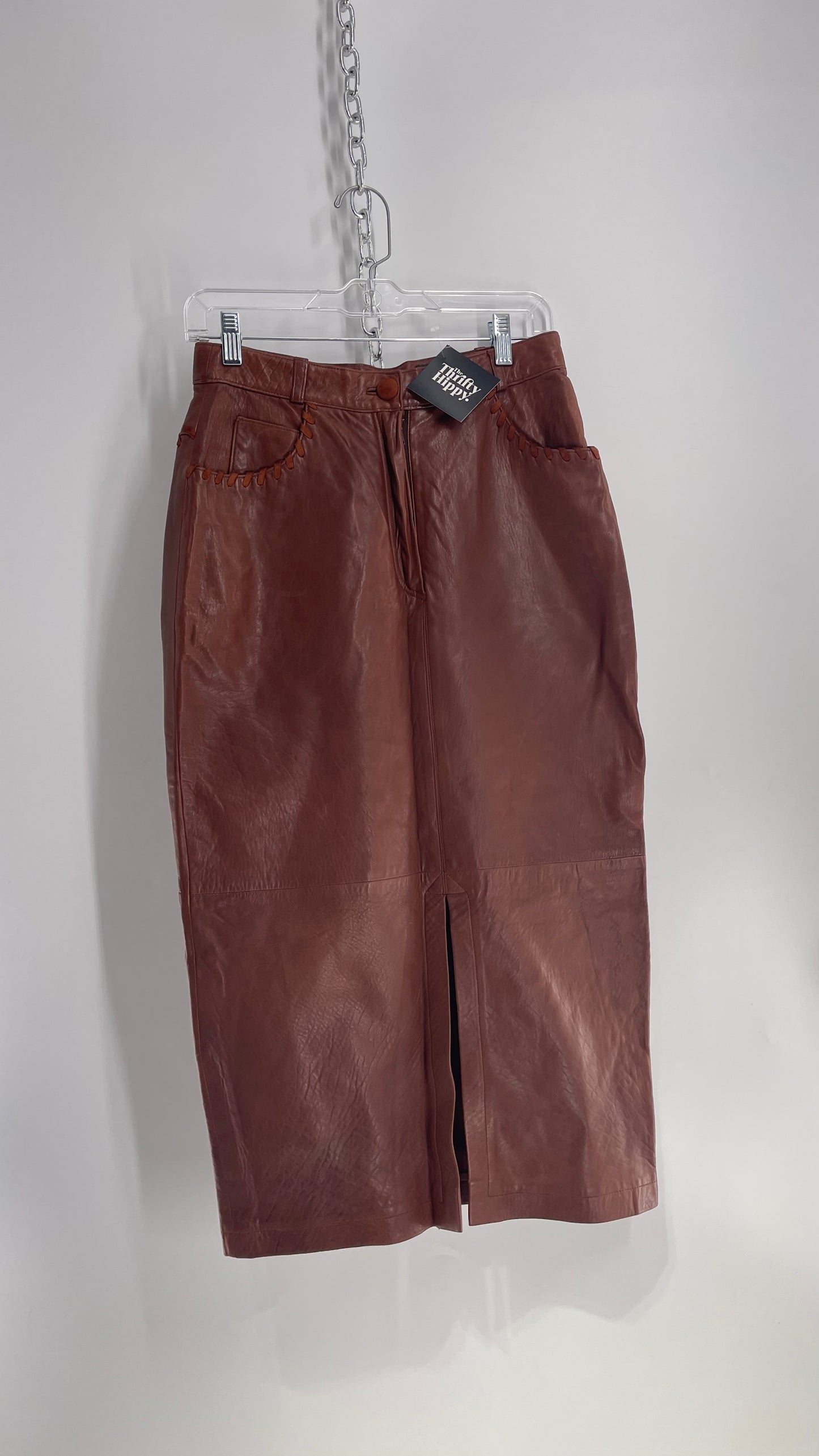 Vintage Diario Italian Brown Leather Long Skirt with Suede Stitch Detail (36)