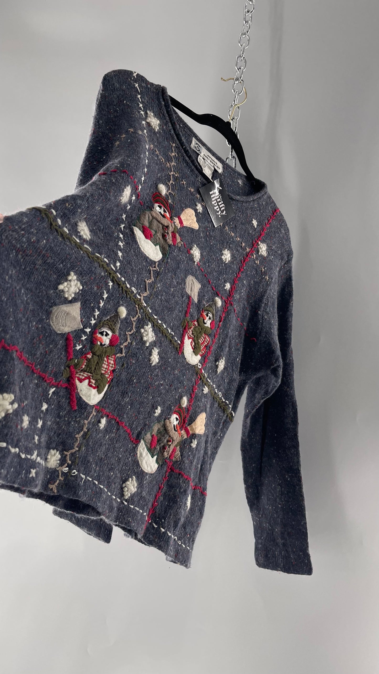 Vintage Urban Outfitters Christmas/Holiday Sweater with Festive Snowmen Snowflakes, and Contrast Stitch Detail (S)