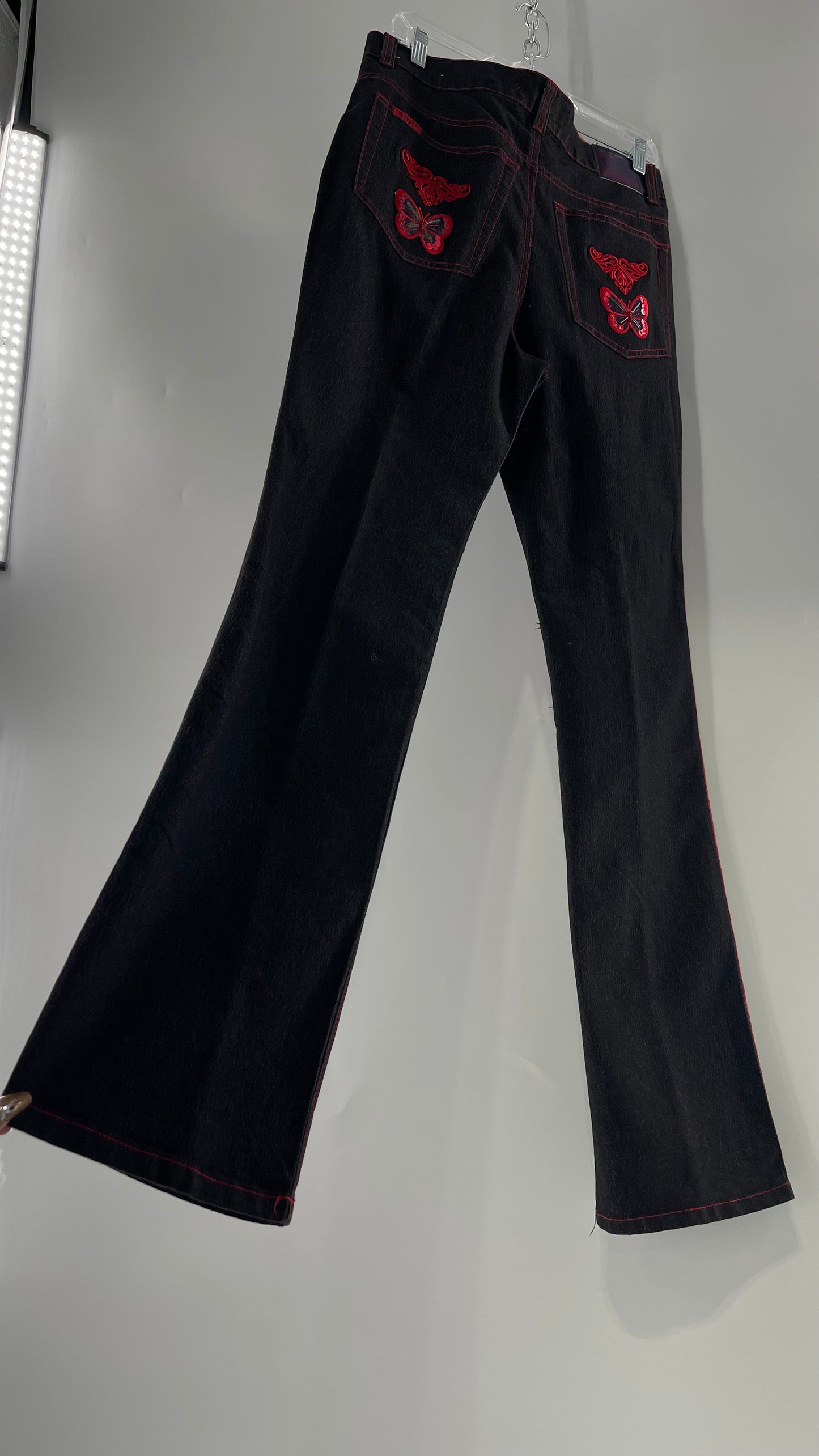 Rare Vintage Black Crest Jeans with Red Contrast Stitching and Butterfly Embroidery on Thigh and Back Pockets (14)