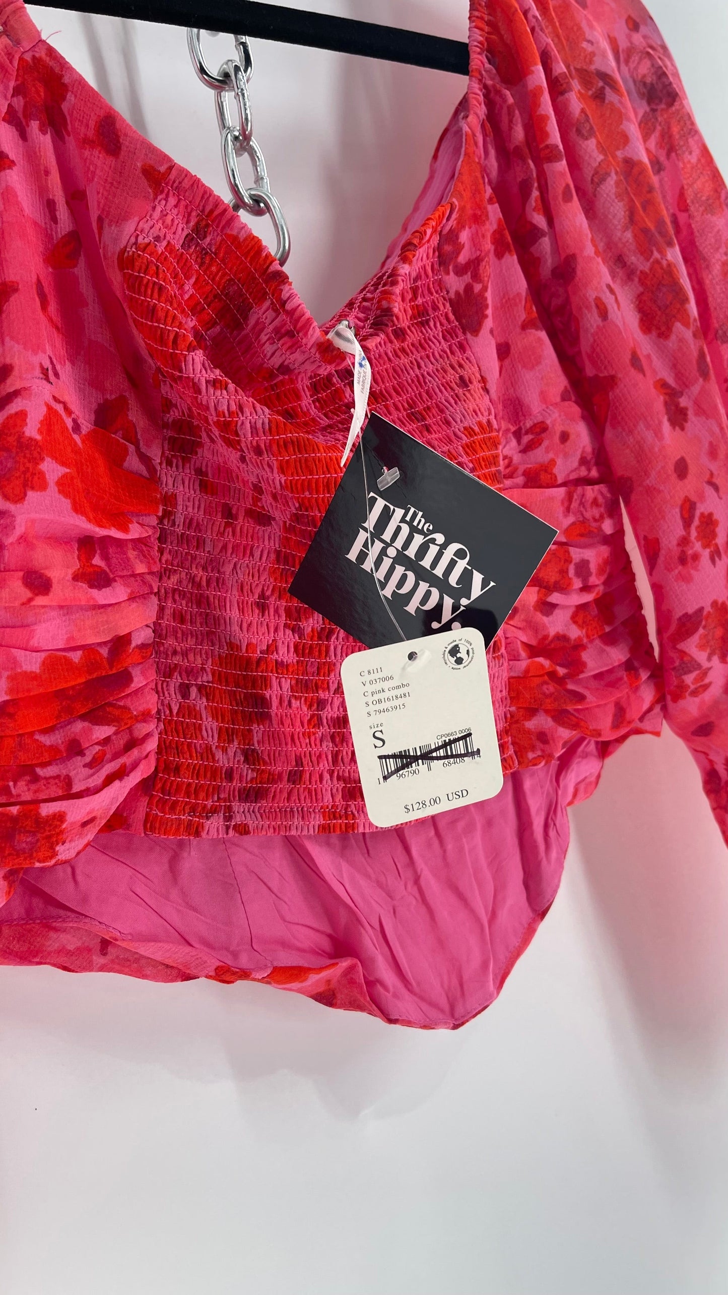 Free People Cropped Floral Blouse with Ruched Body, Balloon Sleeves and Appliqué Rosette Bustline with Tags Attached (XS)
