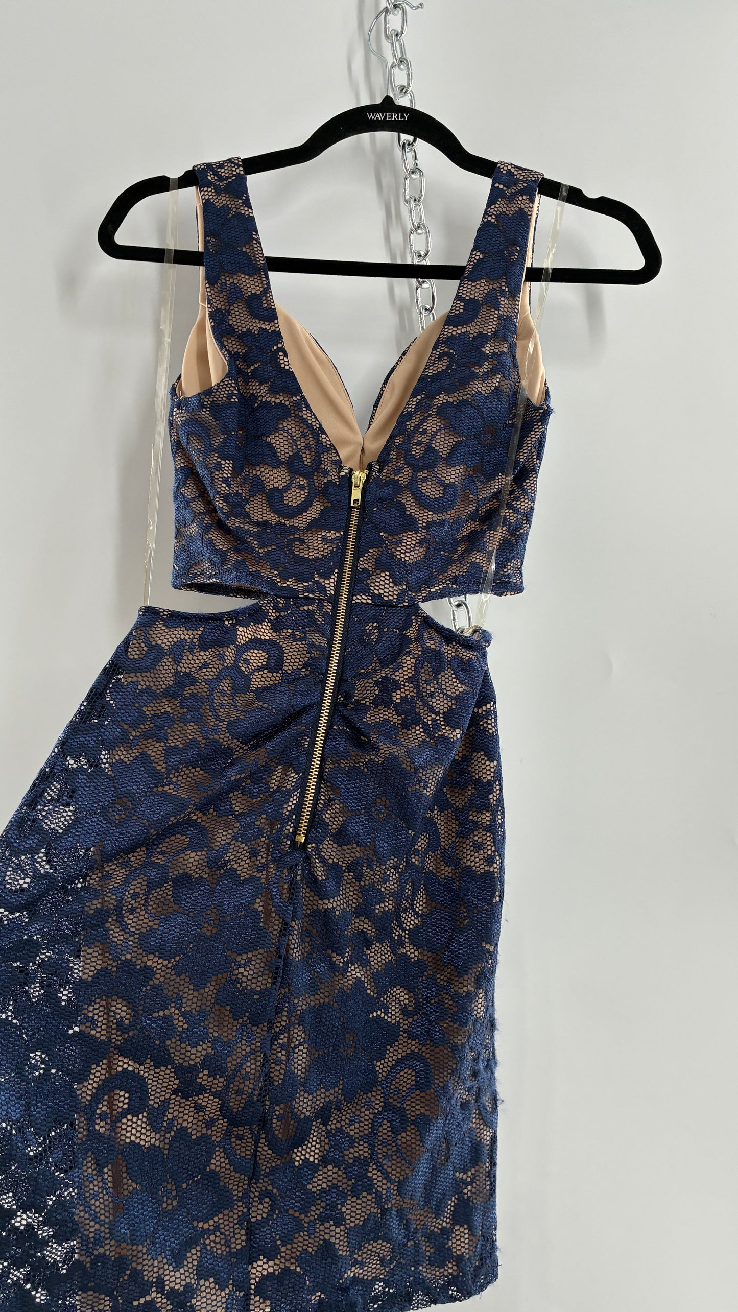 EMERALD SUNDAE Navy Blue Lace Cut Out Mini Dress with Built in Bra (Small)