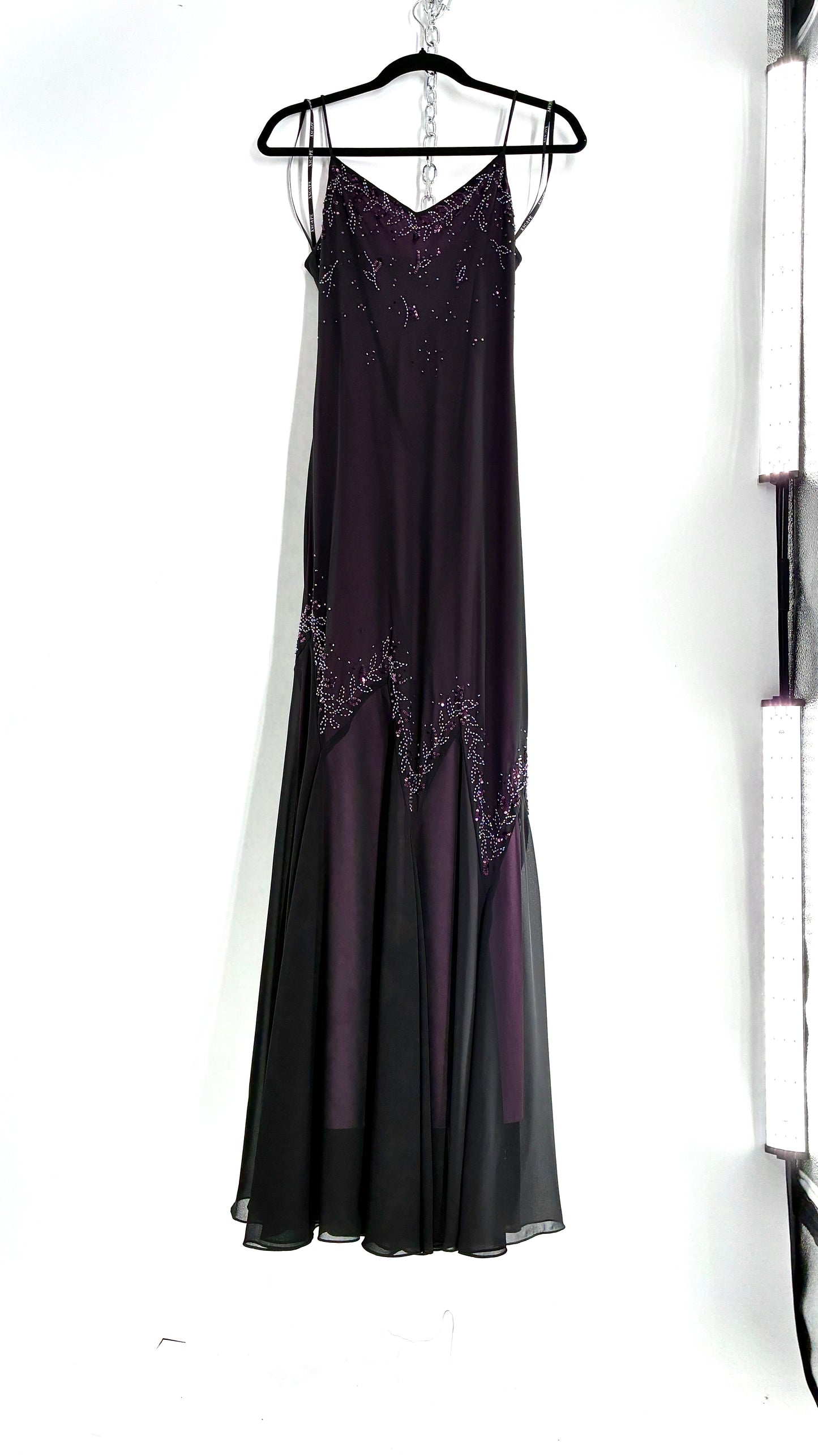 Vintage XSCAPE Full Length Black Beaded Gown with Purple Underlay (4)