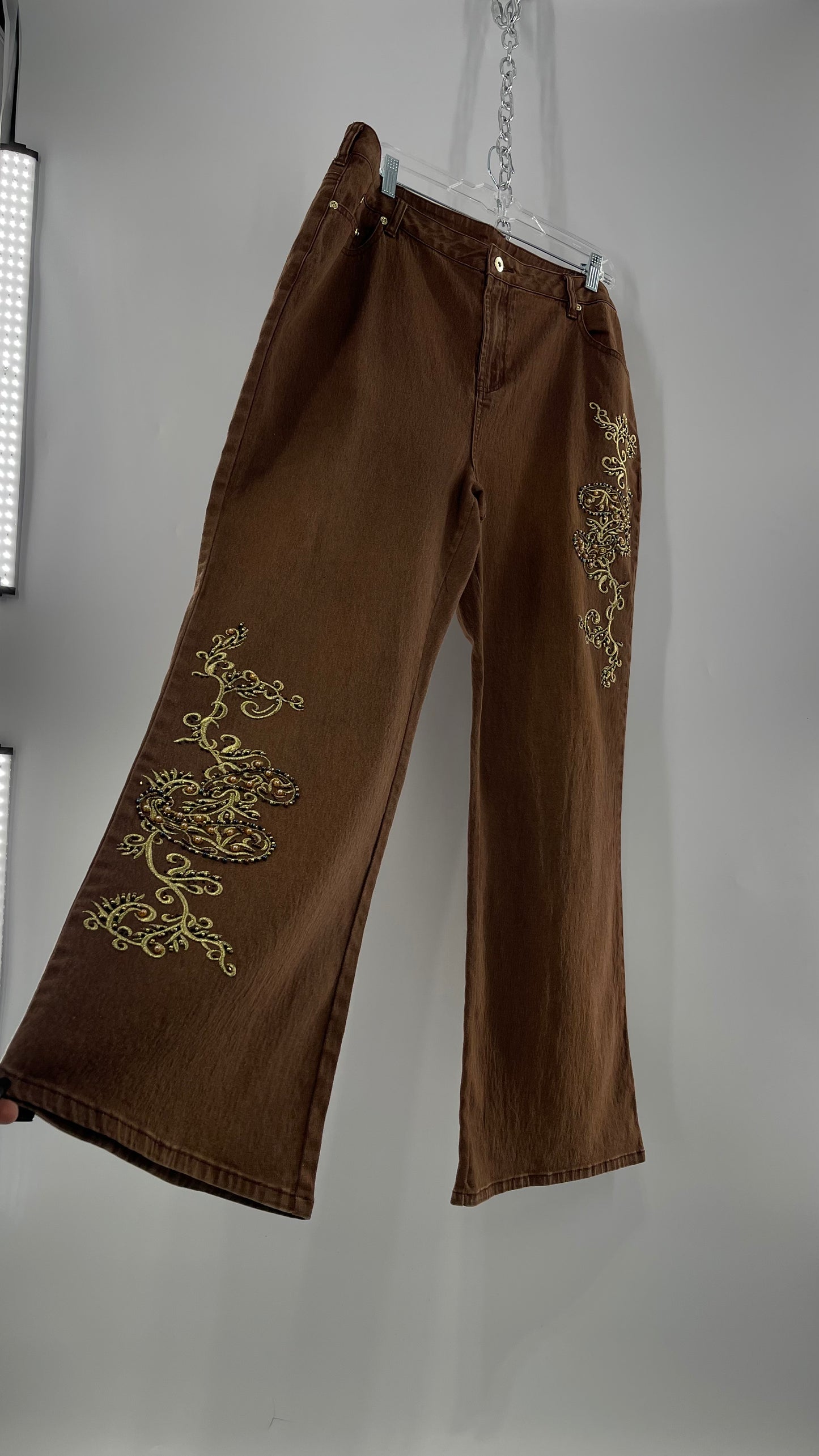 Vintage Midnight Velvet Embroidered + Beaded Brown Flares (18W)