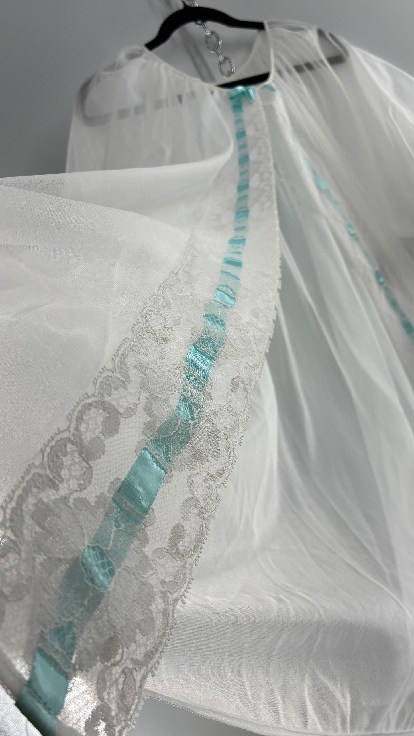 Vintage White Tulle Dress Cape with Oversized Puff Sleeves, Lined with Lace and Baby Blue Ribbon Trim (Medium)