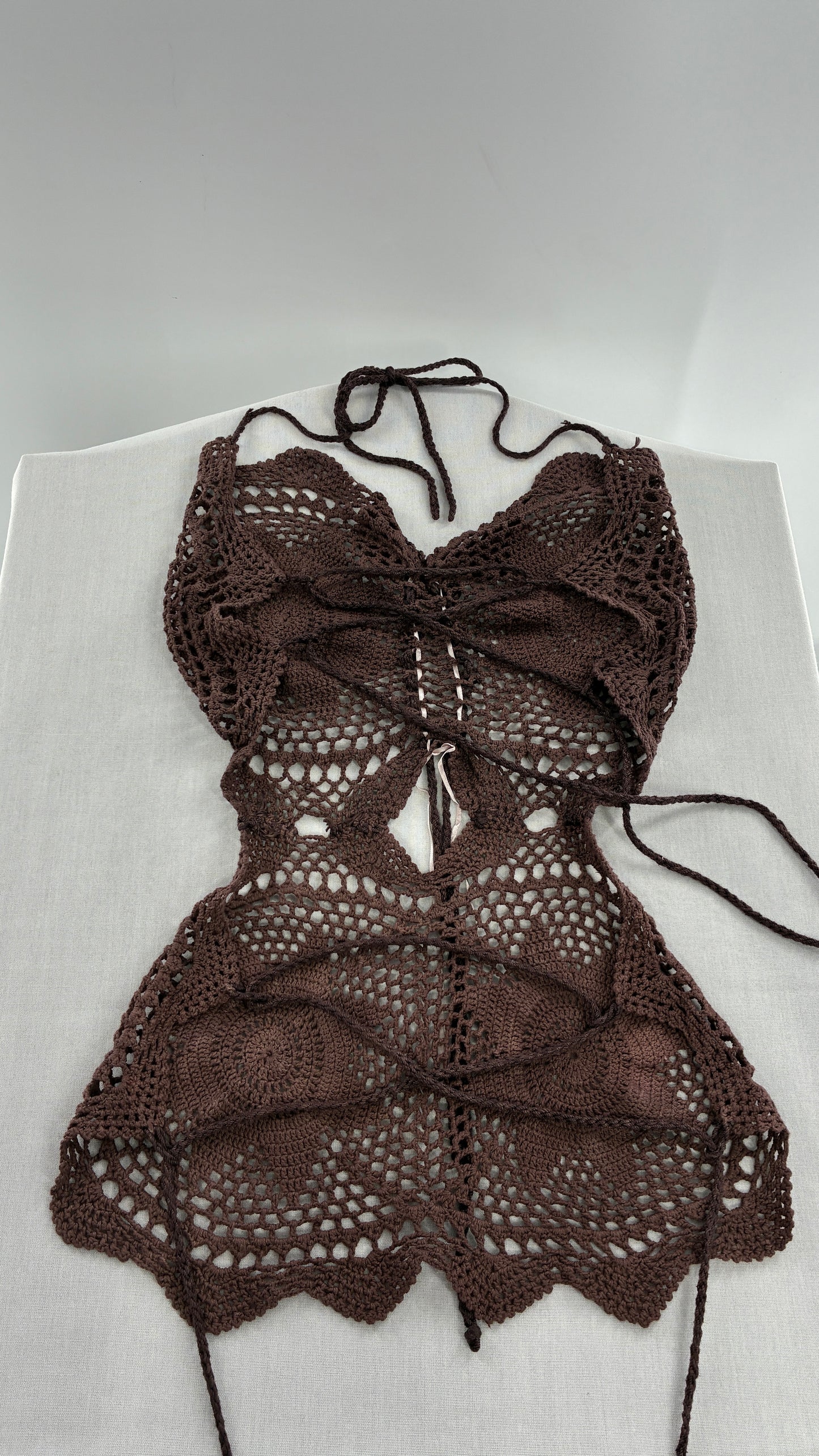 Handmade Brown Crochet Backless Tunic (One Size)