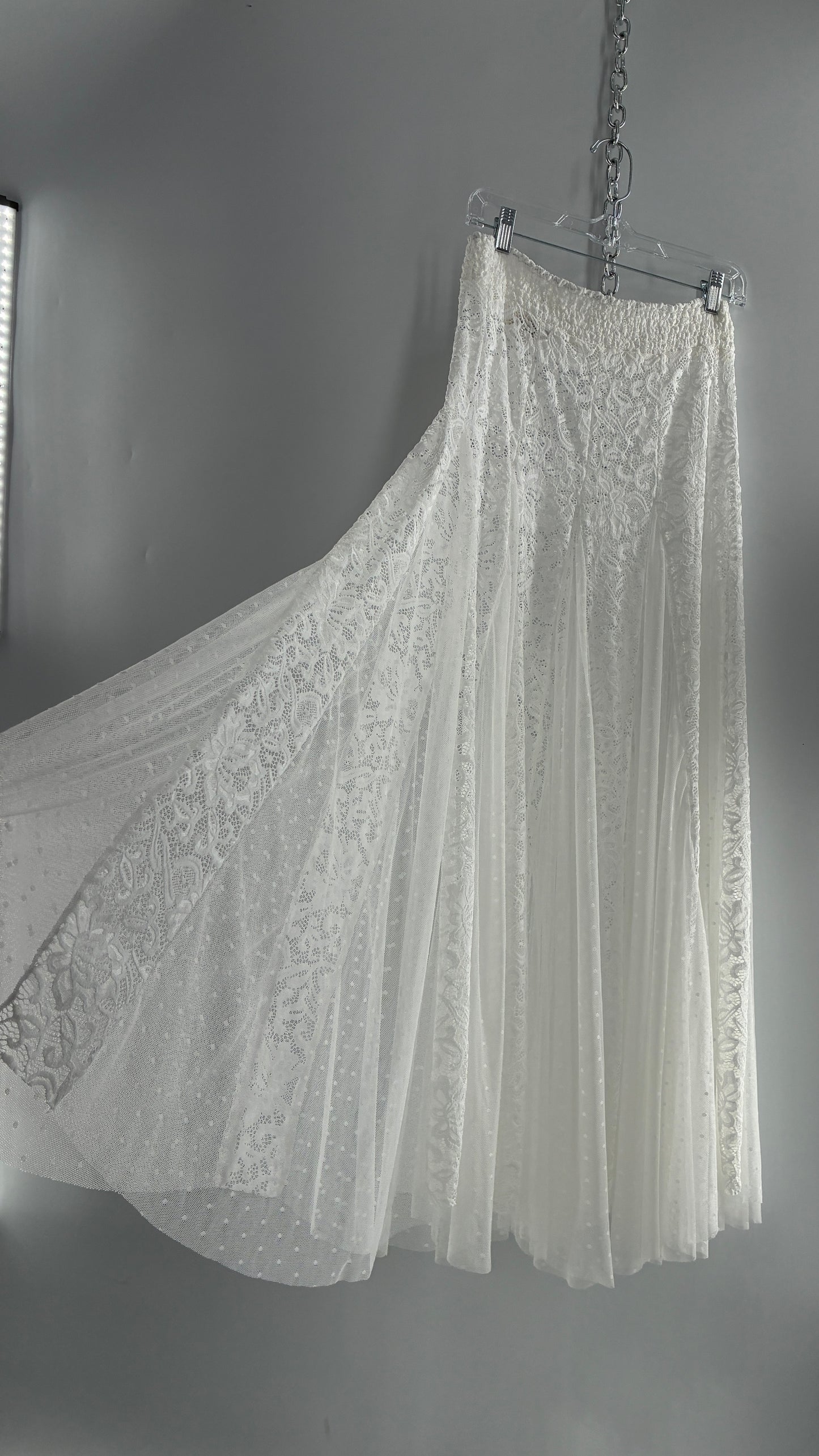 Intimately Free People White Lace and Polka Dot Mesh Voluminous Full Length Skirt (Medium)