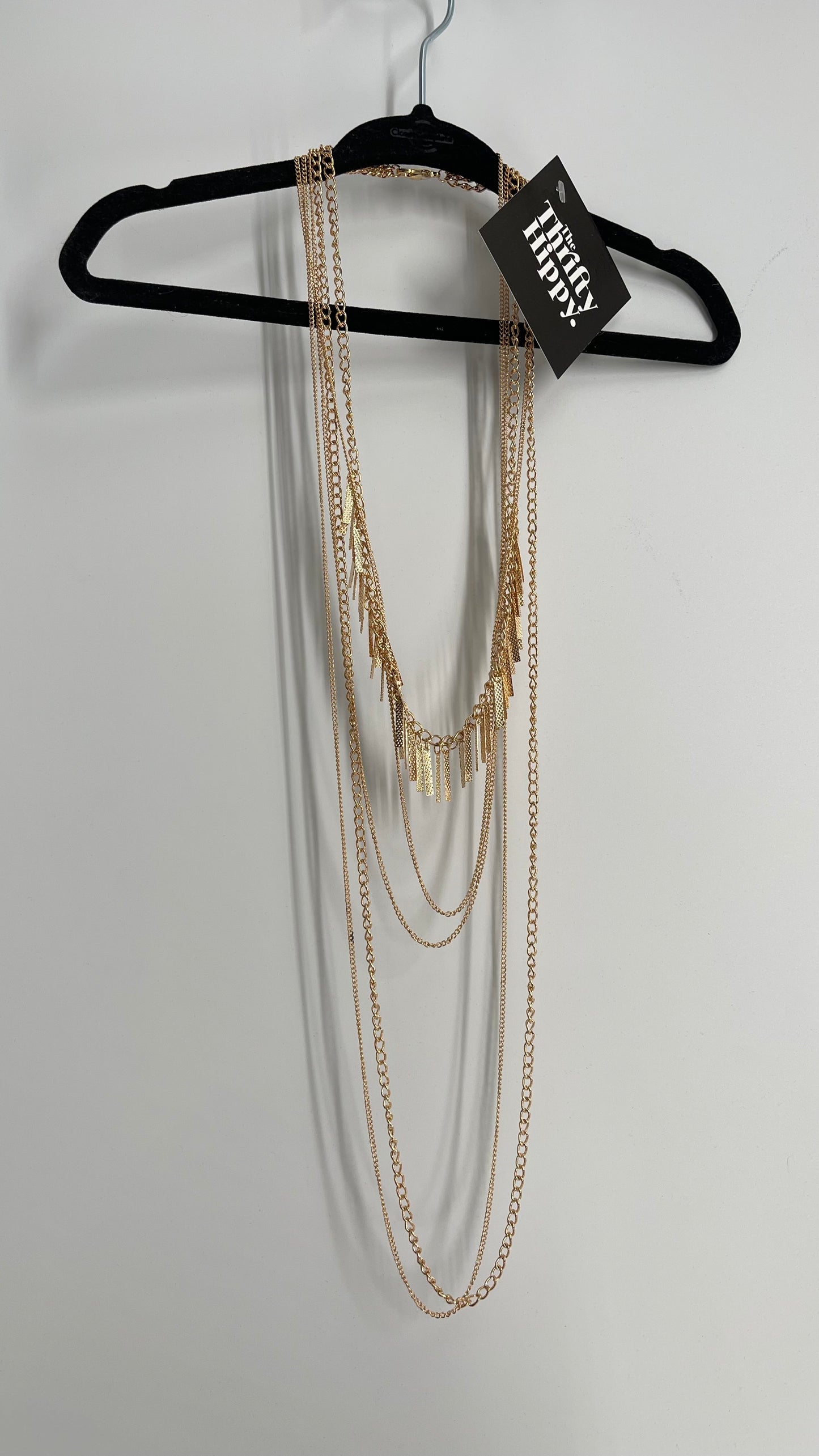 Gold Layered Chain Necklace with Fringe Style Detail