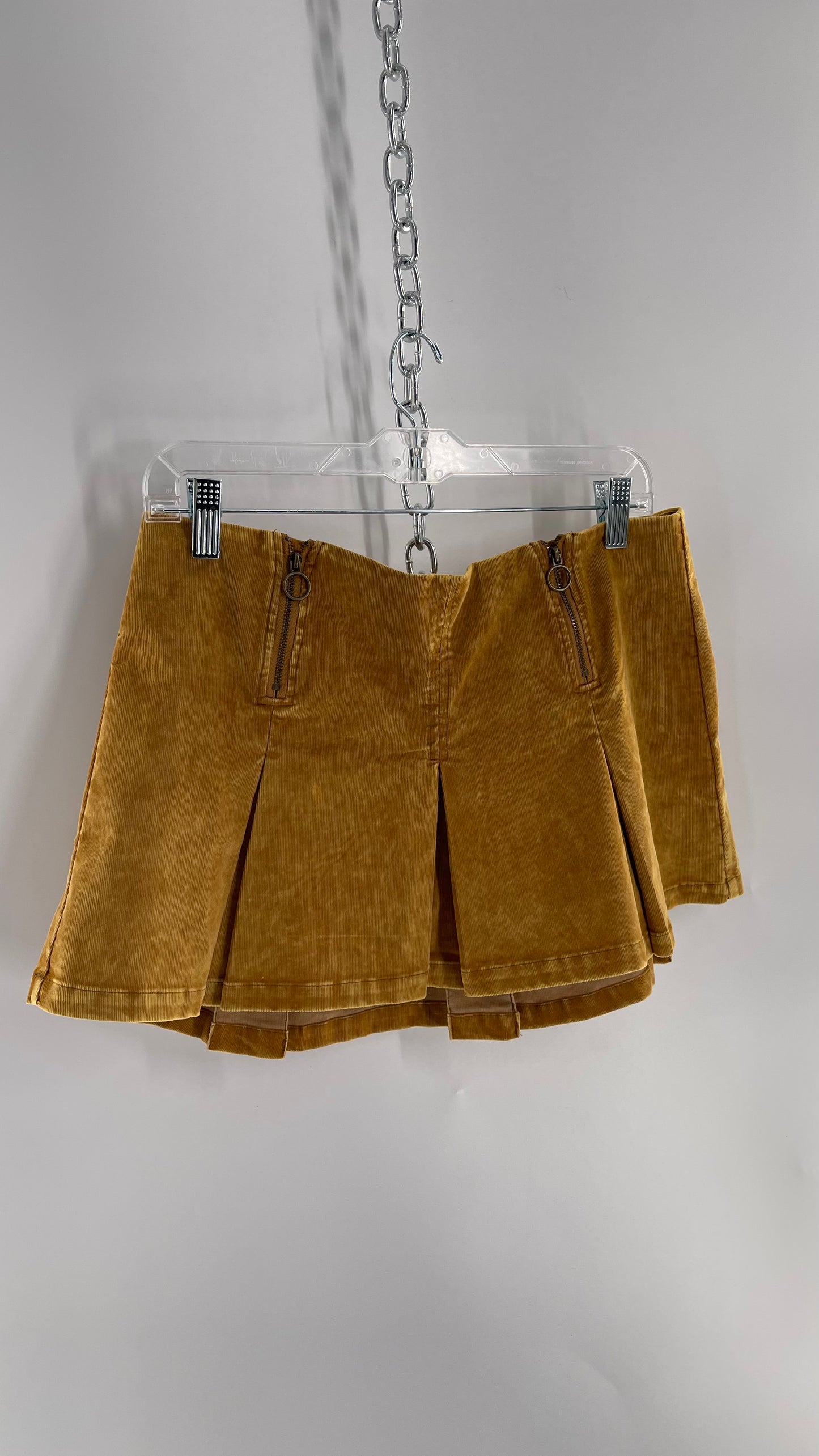 Urban Outfitters Mustard Corduroy Pleated Micro Mini Skirt with Brass Hip Zippers (Medium)