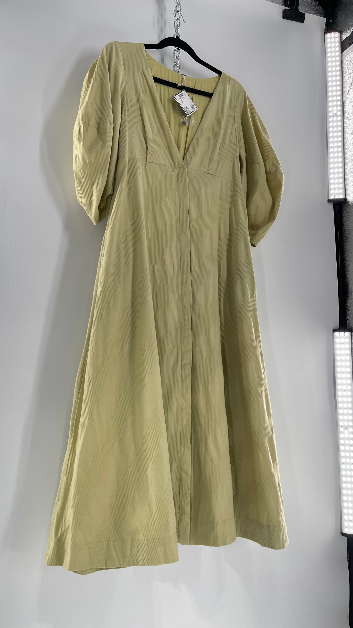 Free People Sage Green Textured Hidden Wooden Button Front Maxi with Back Pleating (Small)