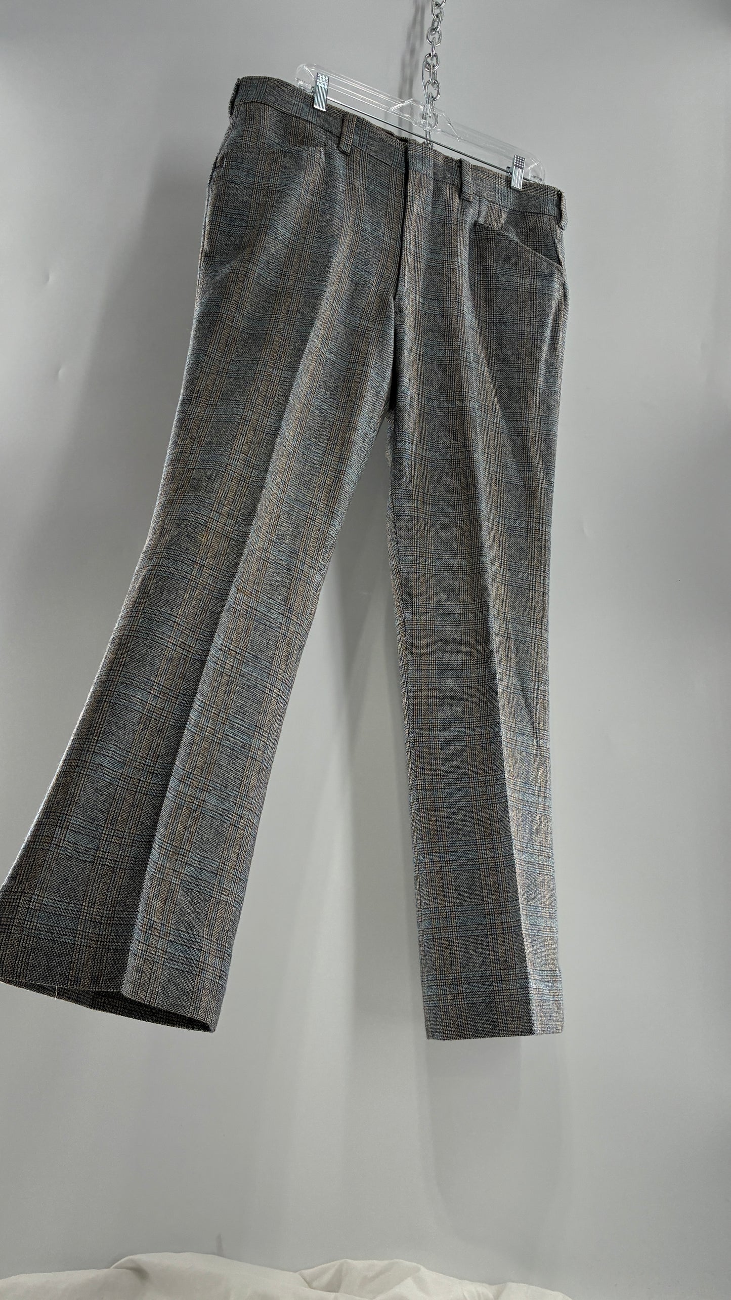 Vintage Handmade Wool Blend Woven Men’s Tailored Trousers with Grey Blue Plaid Pattern (35x32)