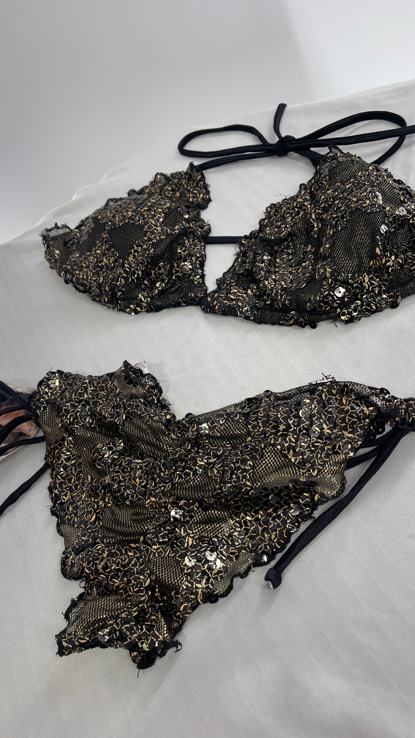 Deadstock Vintage Chica Rica Sequin Lace Black Gold Swimsuit with Ruched Sheer Bum (Large)