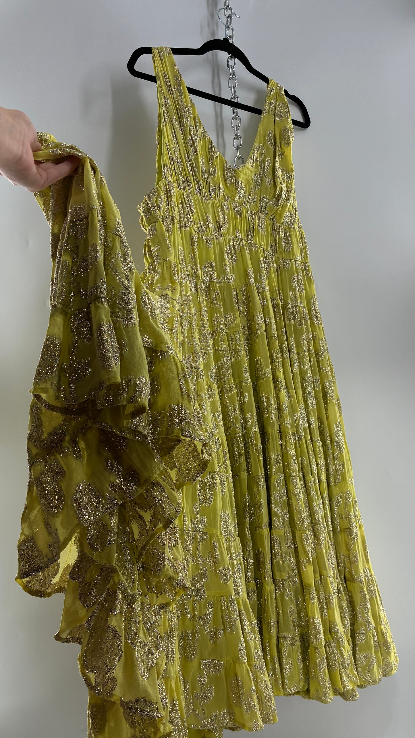 LET ME BE Lime Yellow/Green Ultra Voluminous Tiered Dress with Gold Metallic Jacquard Appliqué Pattern (XL)