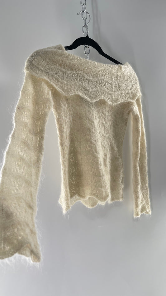 Vintage Ivory Off White Lace Knit Off the Shoulder Sweater Top (Medium)