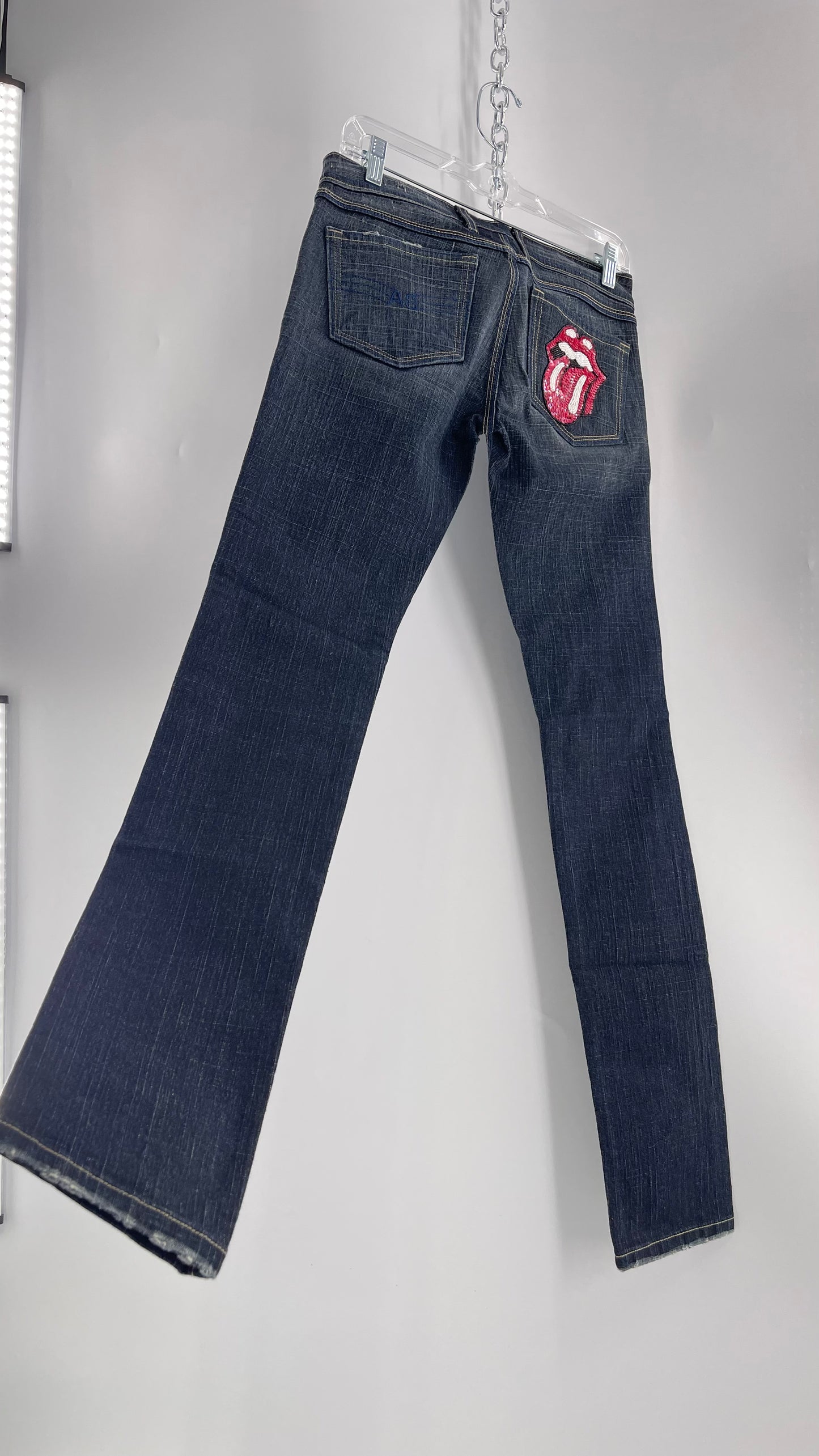 Vintage Smart AS JEANS Dark Wash with Grain and Embroidered/Embellished Kiss Rock Logo (28)